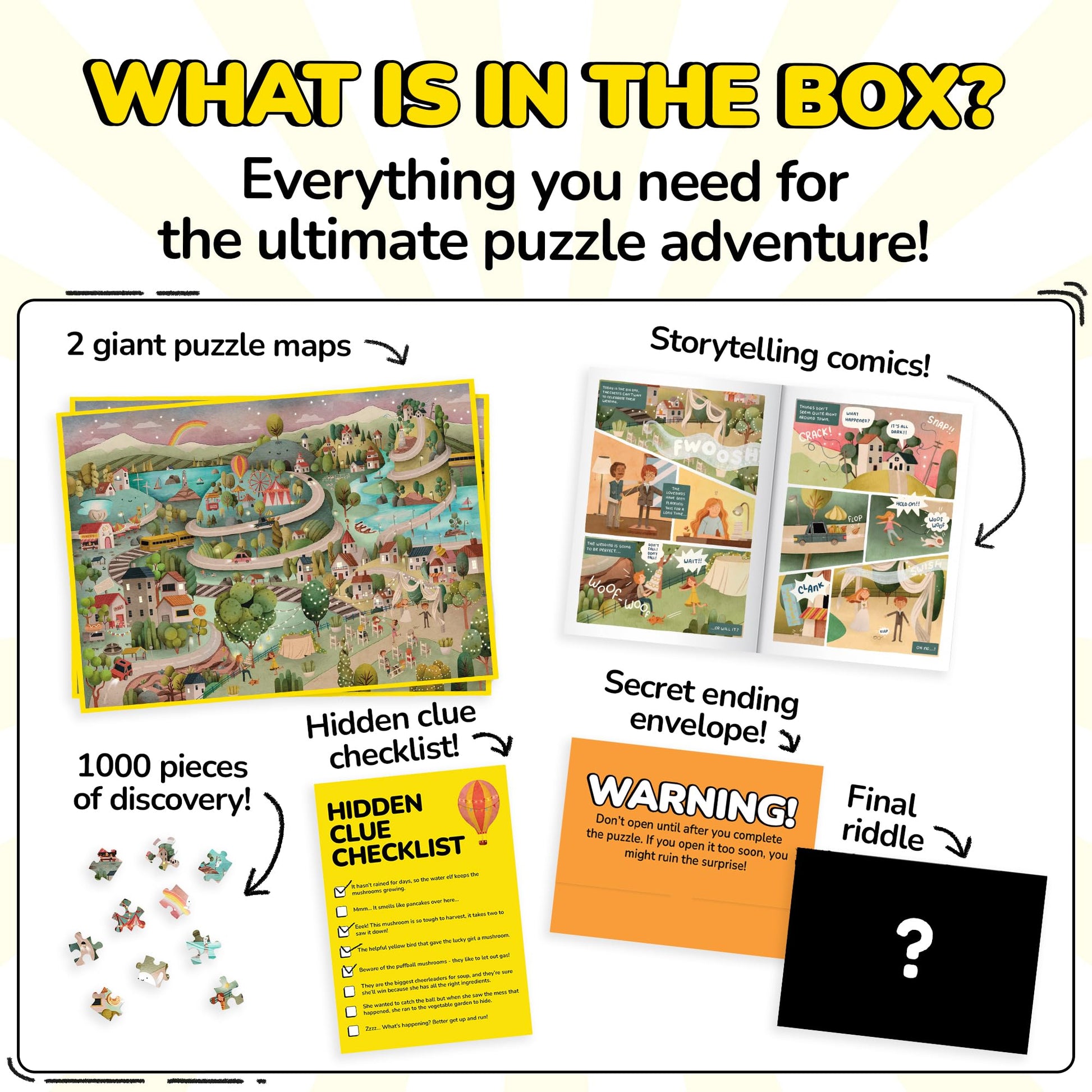 Odd Pieces Jigsaw Puzzles 1000 Pieces with Storytelling Comics, for Women, White Elephant, Mystery Puzzle for Adults & Kids - 19.7'' x 27.6''
