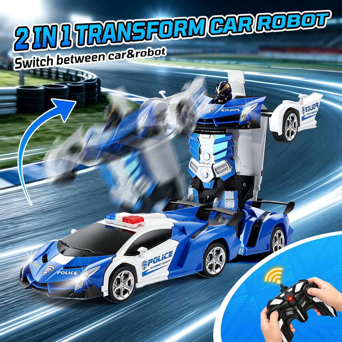 FIGROL Police Transformer Car, 2.4GHz Remote Control Police Car, One-Key Auto Transform, Dual Rechargeable Batteries, 360° Rotation, LED Lights Toy