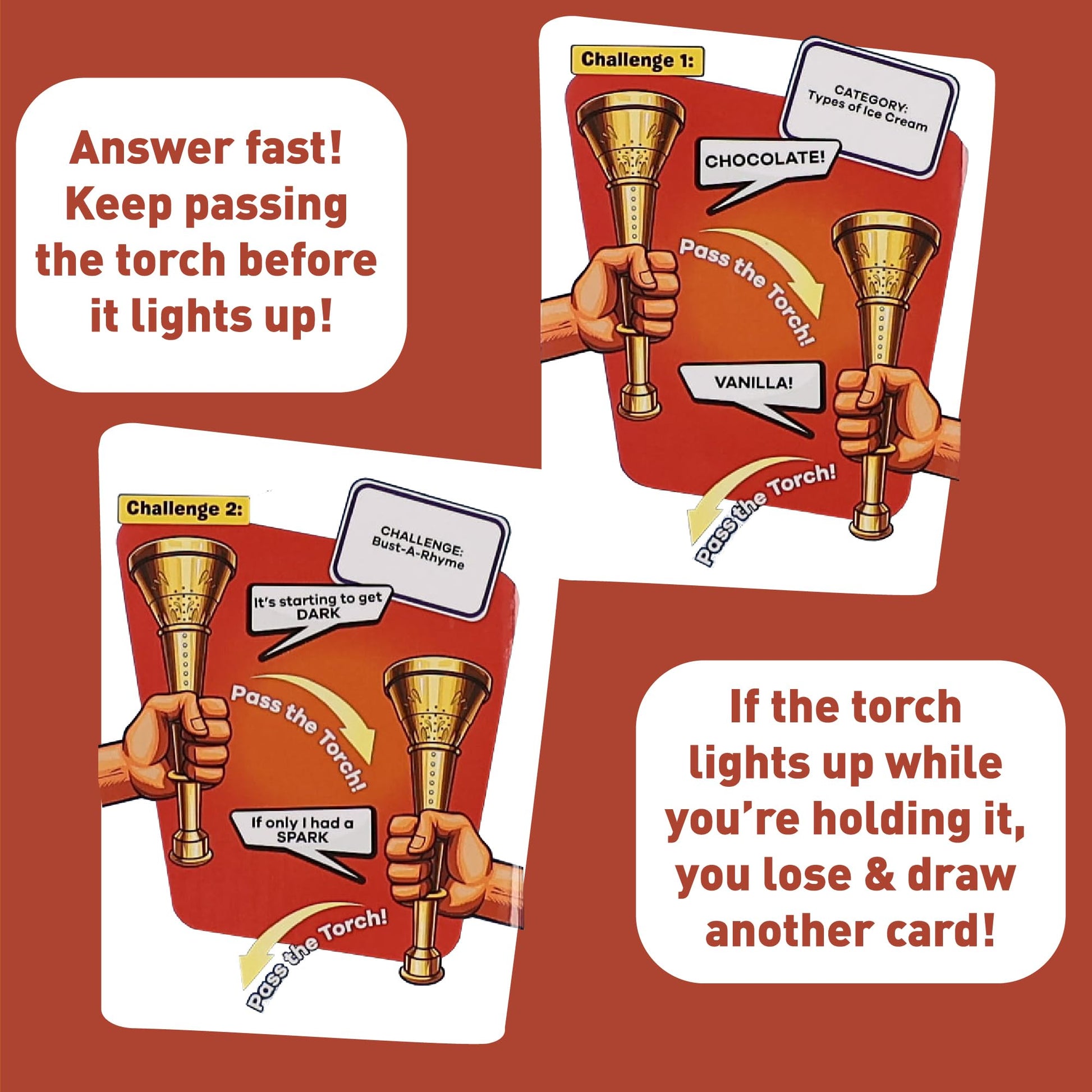 Pass the Torch Party Game for Teens and Families Ages 10+ Fast Thinking Word Challenge Card Games for Groups 3-10 Players - Gift for Kids and Adults
