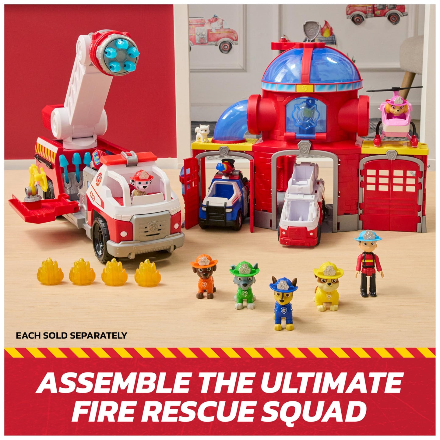Paw Patrol - Fire Rescue Fire Station - Marcus Car Figure - Sound & Light Effects - Kids Toy - Ages 3+