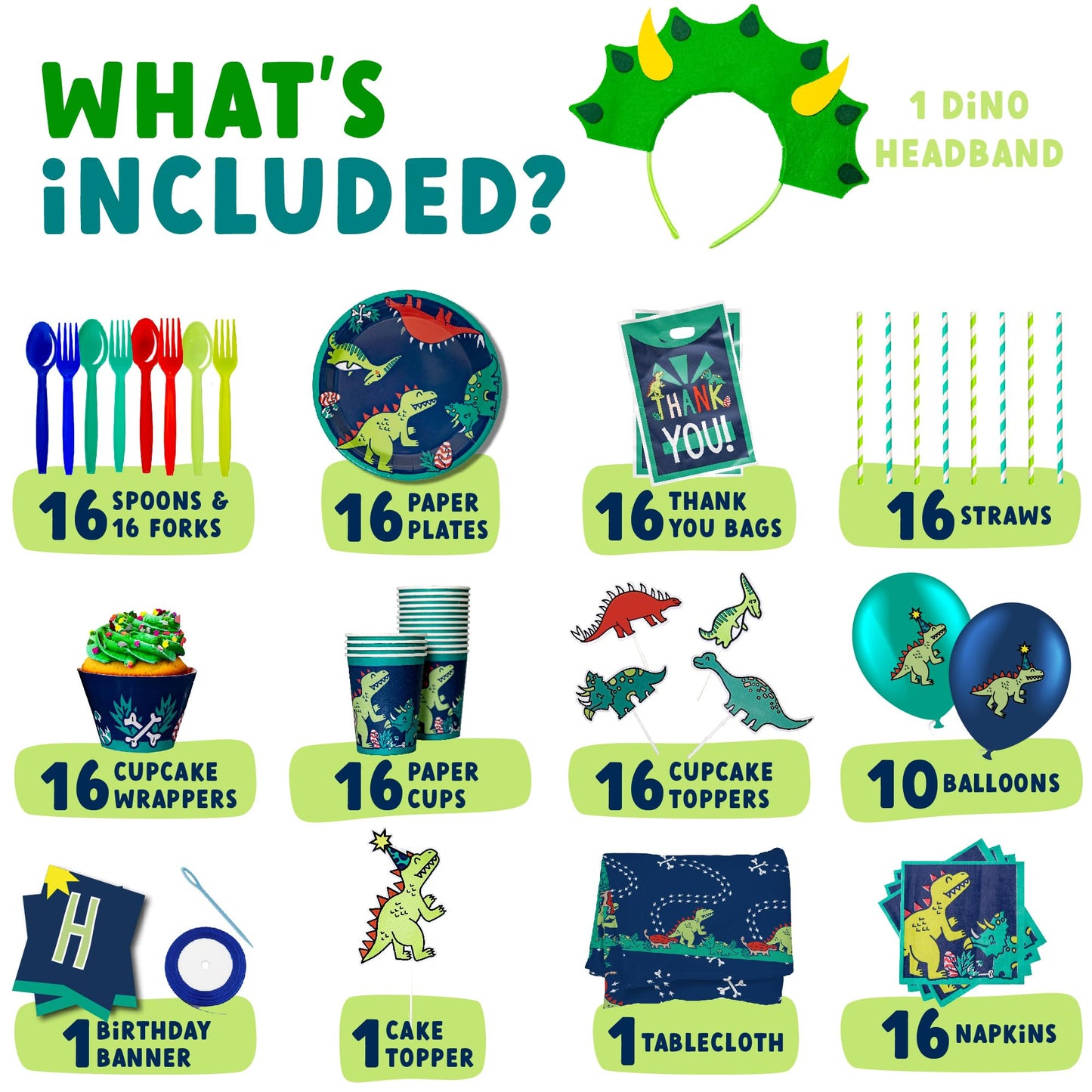 ecoZen Dinosaur Birthday Party Decorations - Jurassic Park Themed Supplies for 16 Guests, Includes Dino Plates, Cups, Napkins, Banner, Cutlery