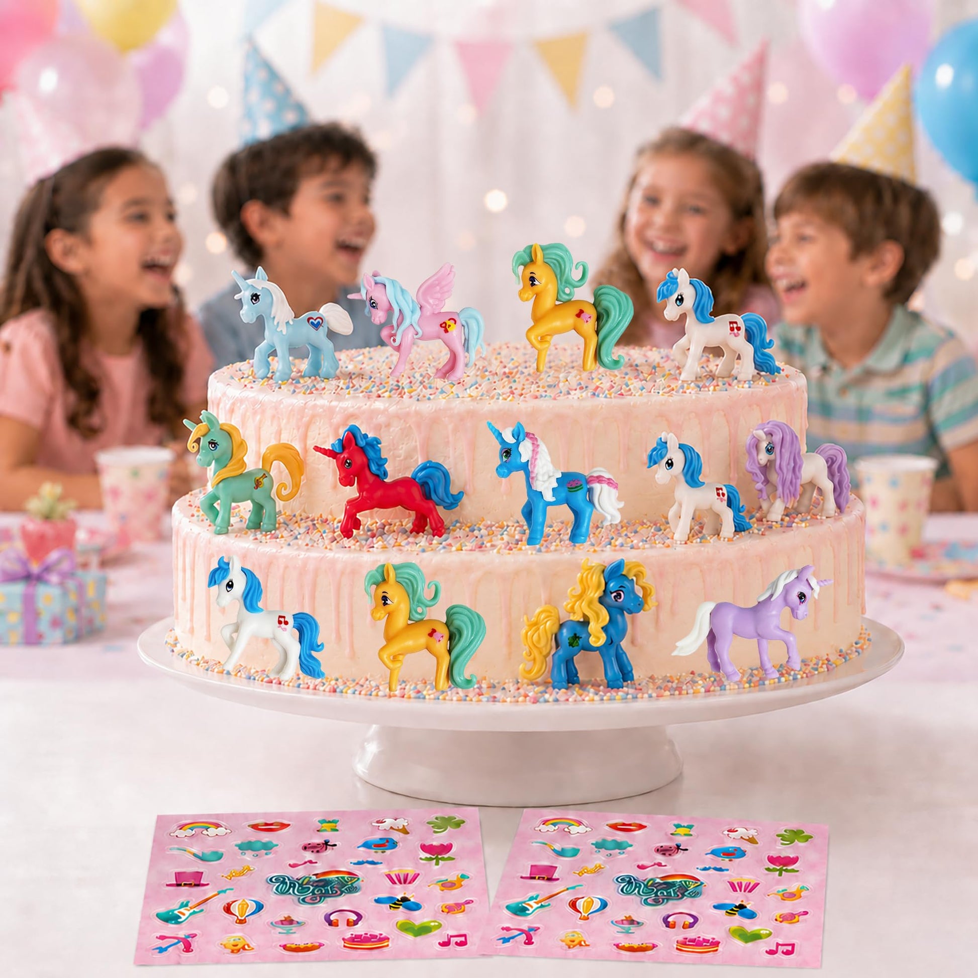 GIFTEXPRESS® 12 pcs Individual Packed Magical Unicorn Ponys Unicorns Figure and Unicorn Stickers Sheets for Girls Birthday Party, Valentine's Day