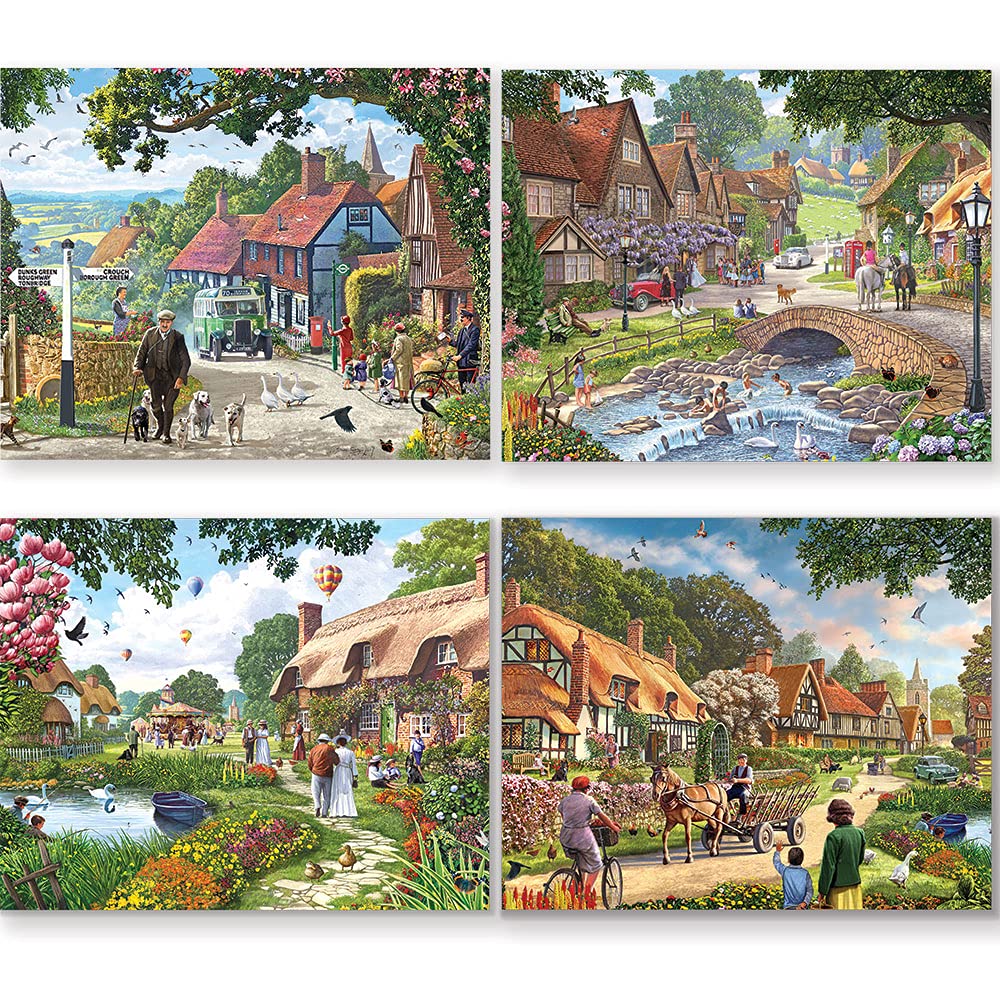Bits and Pieces - 4-in-1 Multi-Pack 300 Piece Jigsaw Puzzles for Adults - Village Life by Artist Steve Crisp, Completed Puzzle Size: 16" x 20"