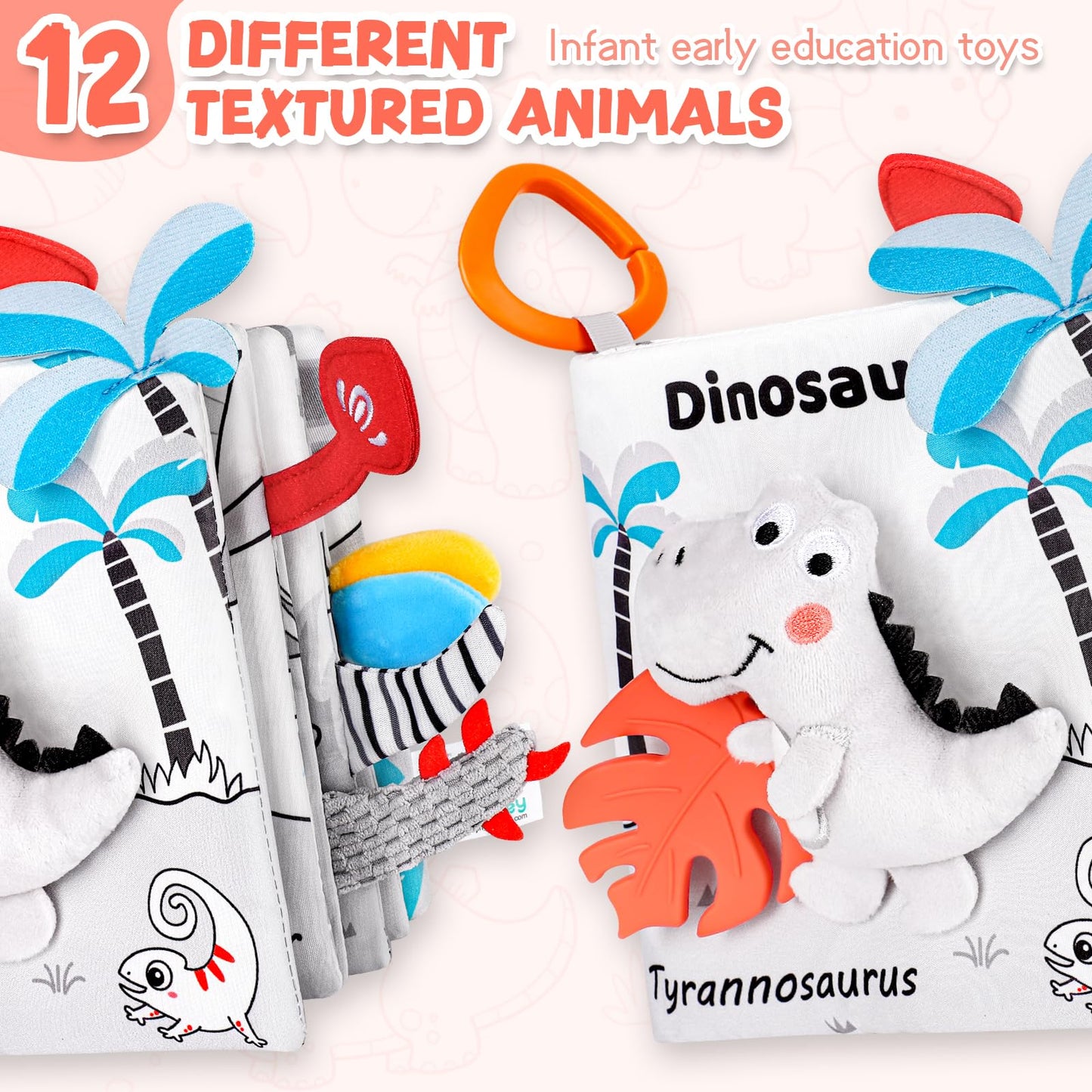 Odeepstar Dinosaur Fabric Book- Crinkle Sound, Touch & Feel, Press Squeaker with Soft Tail Plus Teether Feature - Baby Books Toys for Newborn Infants