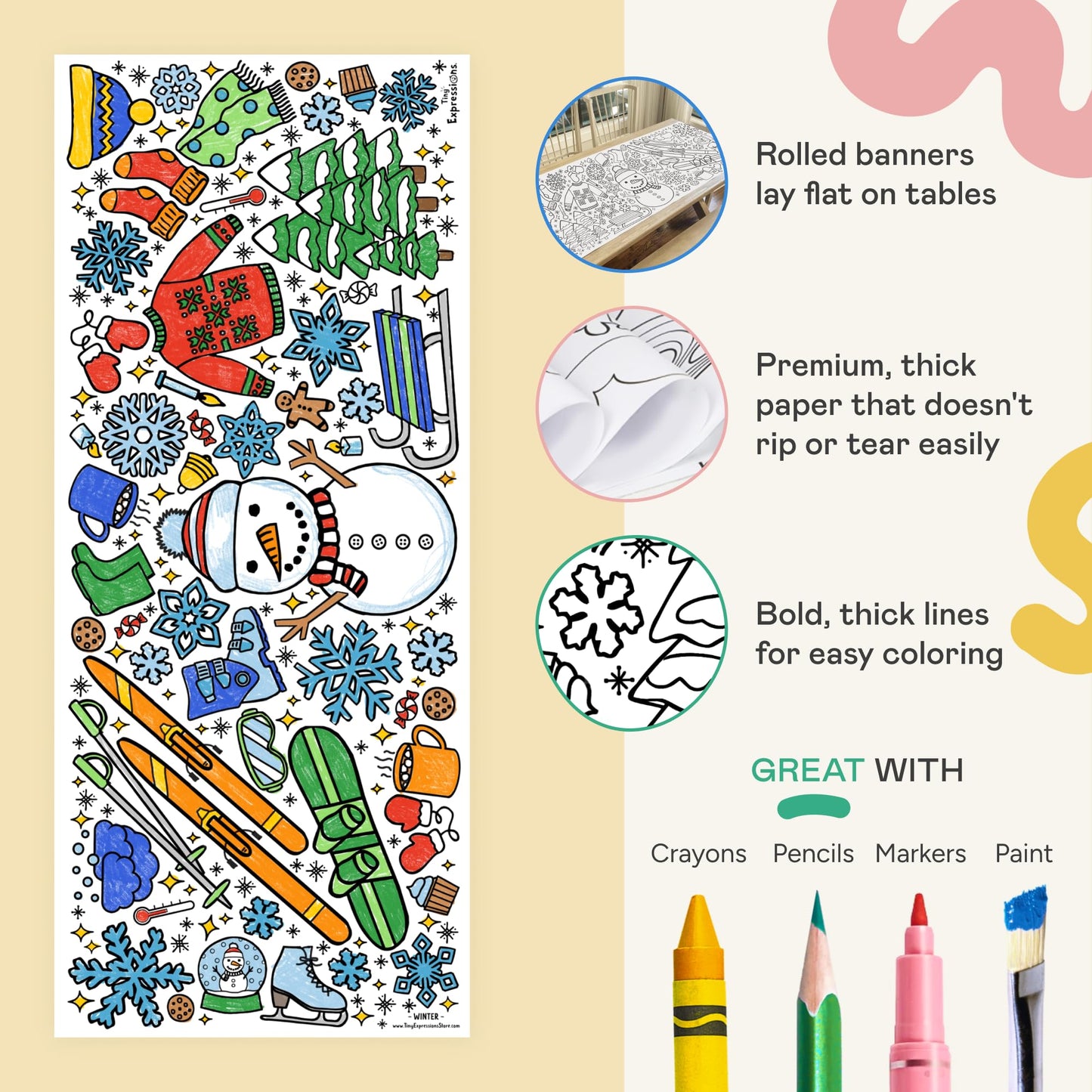 Tiny Expressions Winter Coloring Poster - Rolled, No Creases 30" x 72" Giant Coloring Table Cloth to Color On