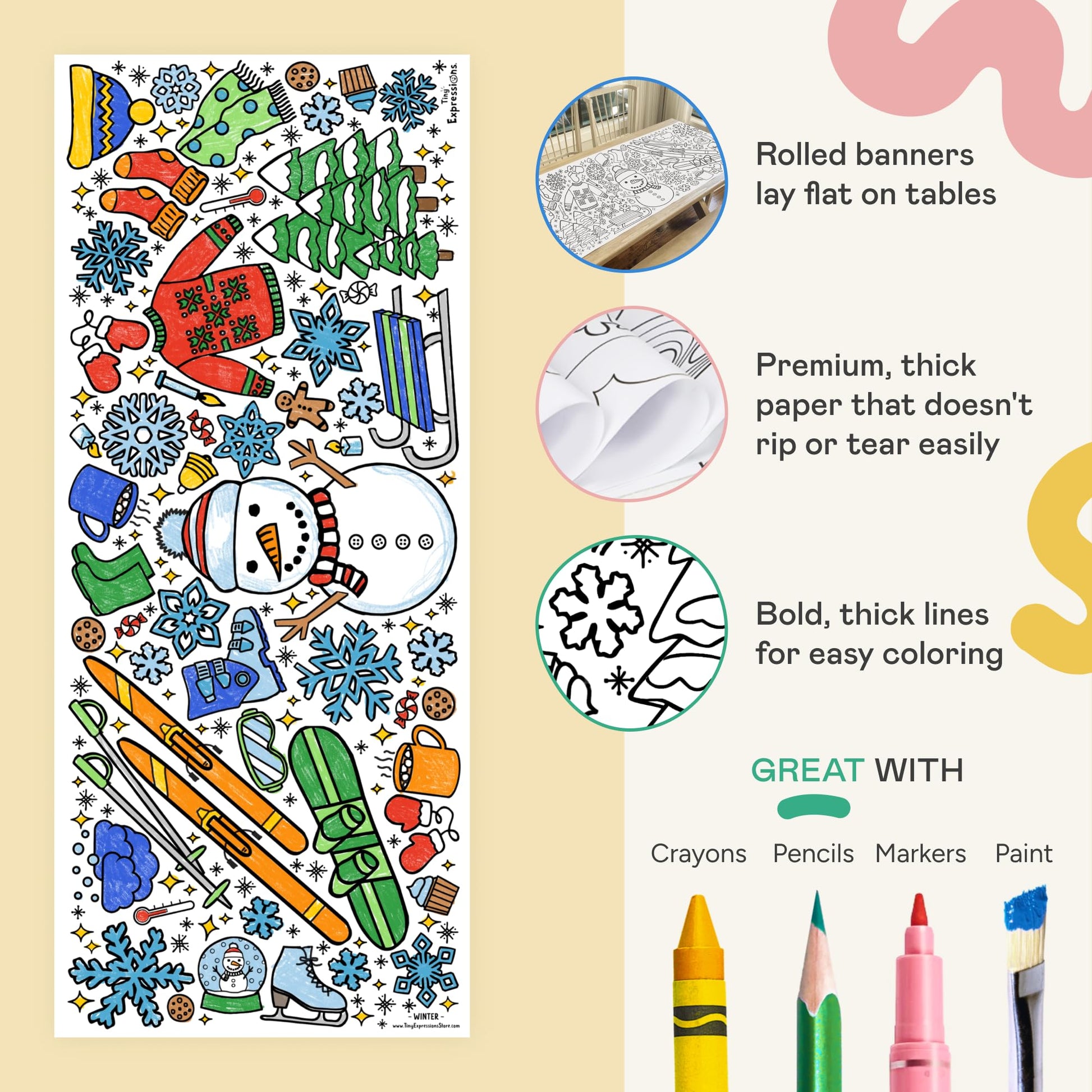 Tiny Expressions Winter Coloring Poster - Rolled, No Creases 30" x 72" Giant Coloring Table Cloth to Color On