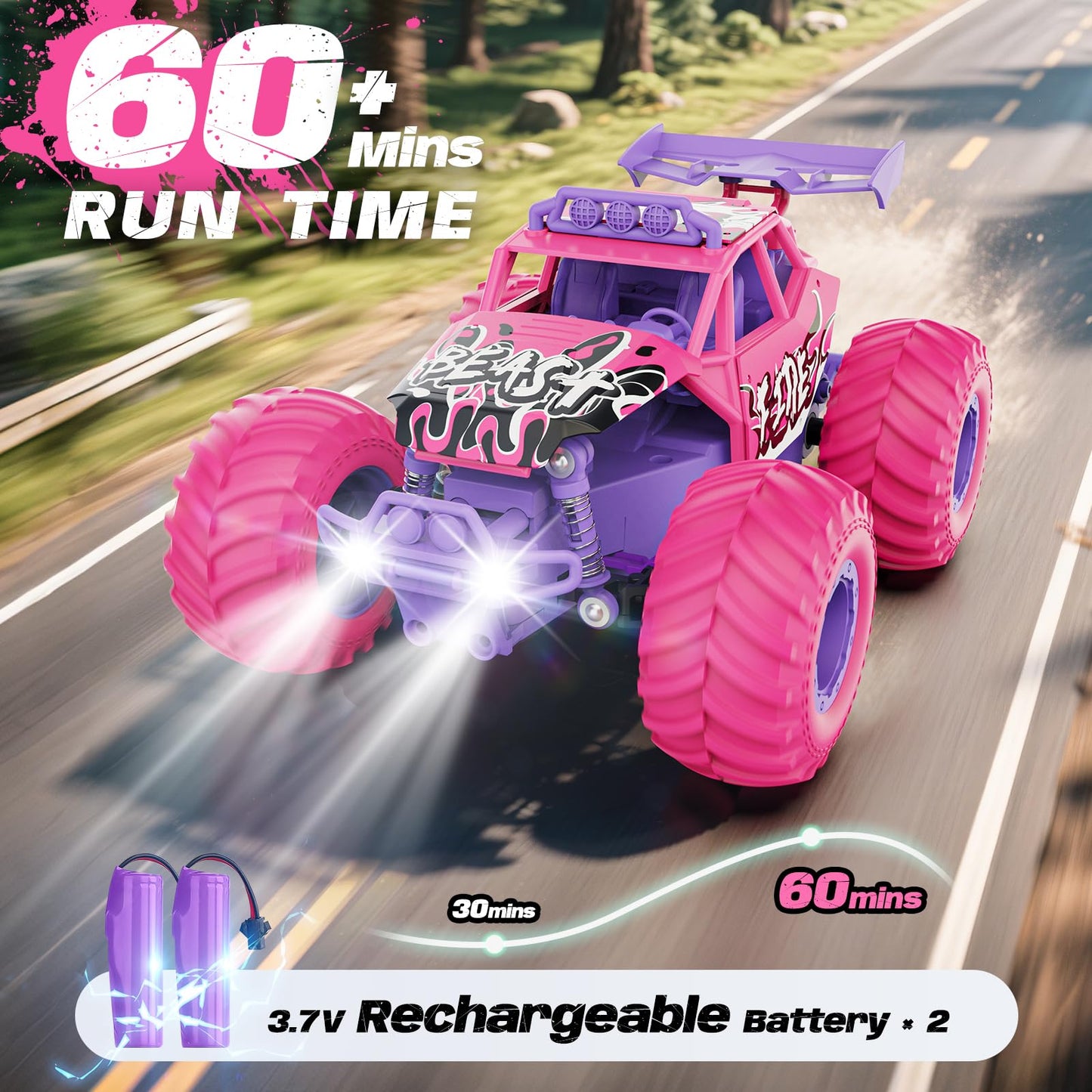 Meislane Remote Control Car, All Terrain RC Cars with Speed Switch RC Truck with LED Headlight and Rechargeable Batteries, 20KM/H Monster Truck Toys