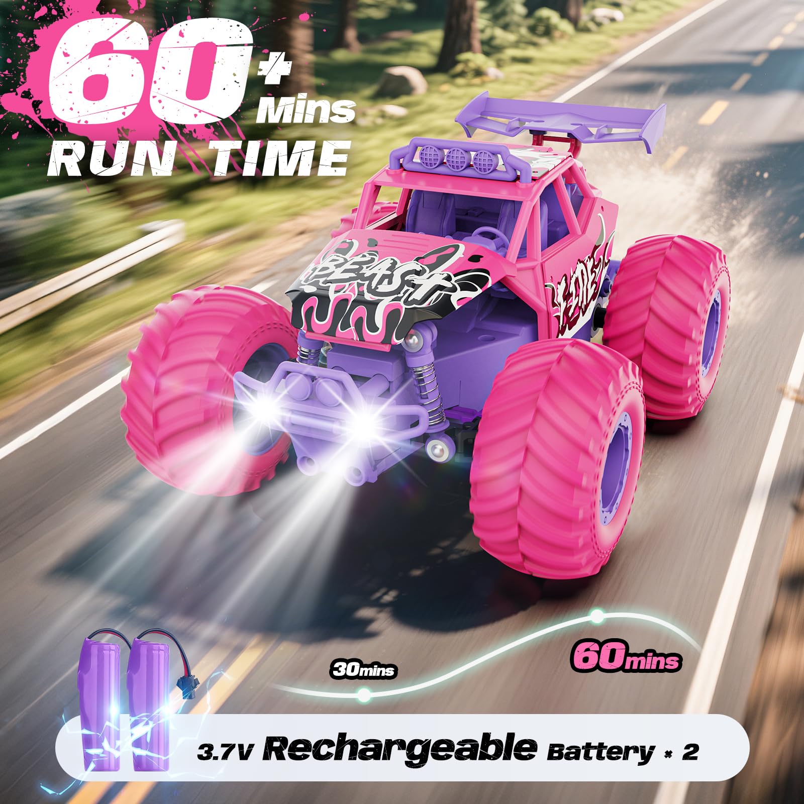 Meislane Remote Control Car, All Terrain RC Cars with Speed Switch RC Truck with LED Headlight and Rechargeable Batteries, 20KM/H Monster Truck Toys
