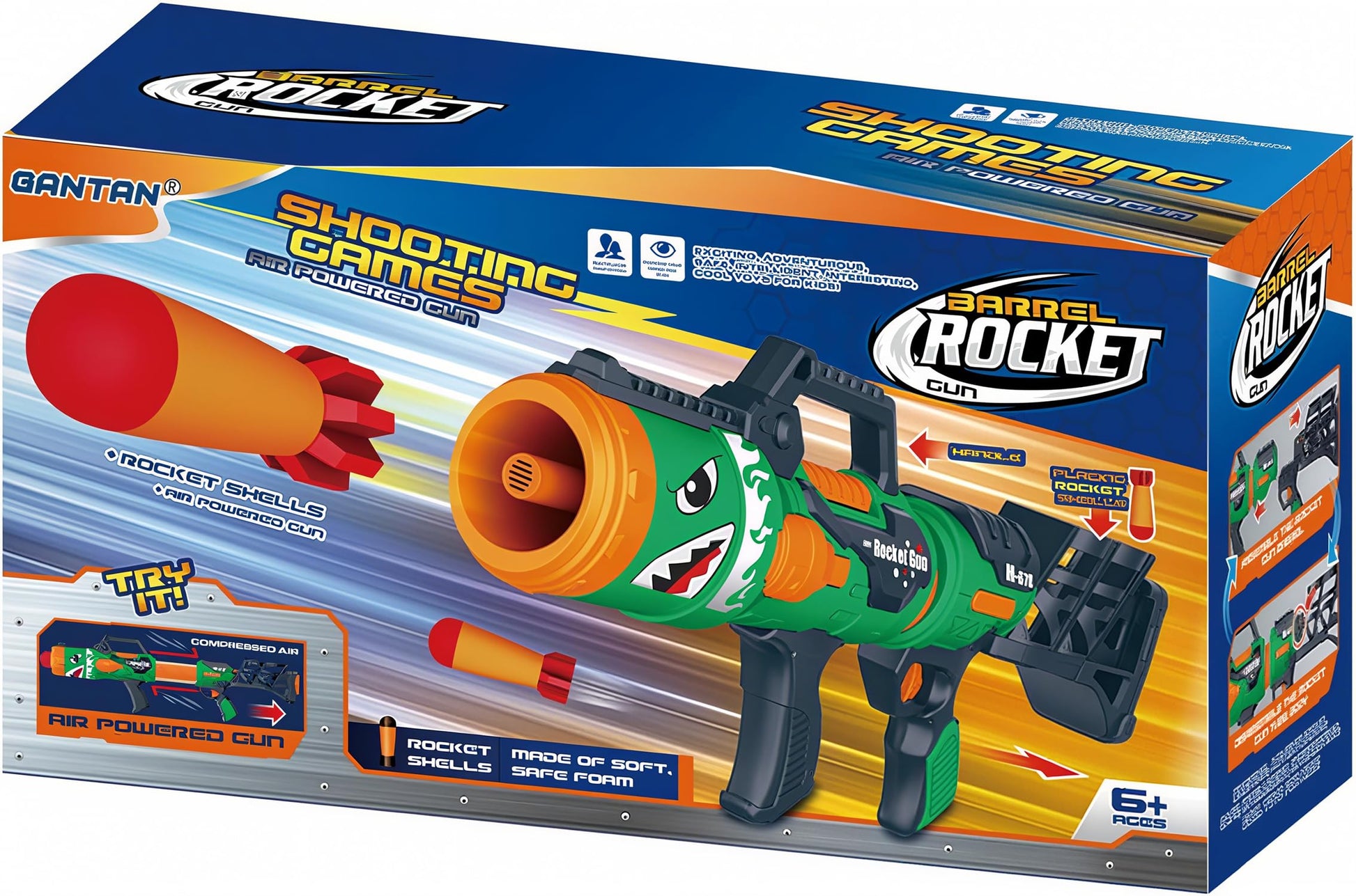 Gantan Toy Rocket Barrel Launcher-Fires Foam Rockets Includes 6 Rockets Compatible with RL Blaster- Shooting Game Toy Air Power Blaster Toy Gun