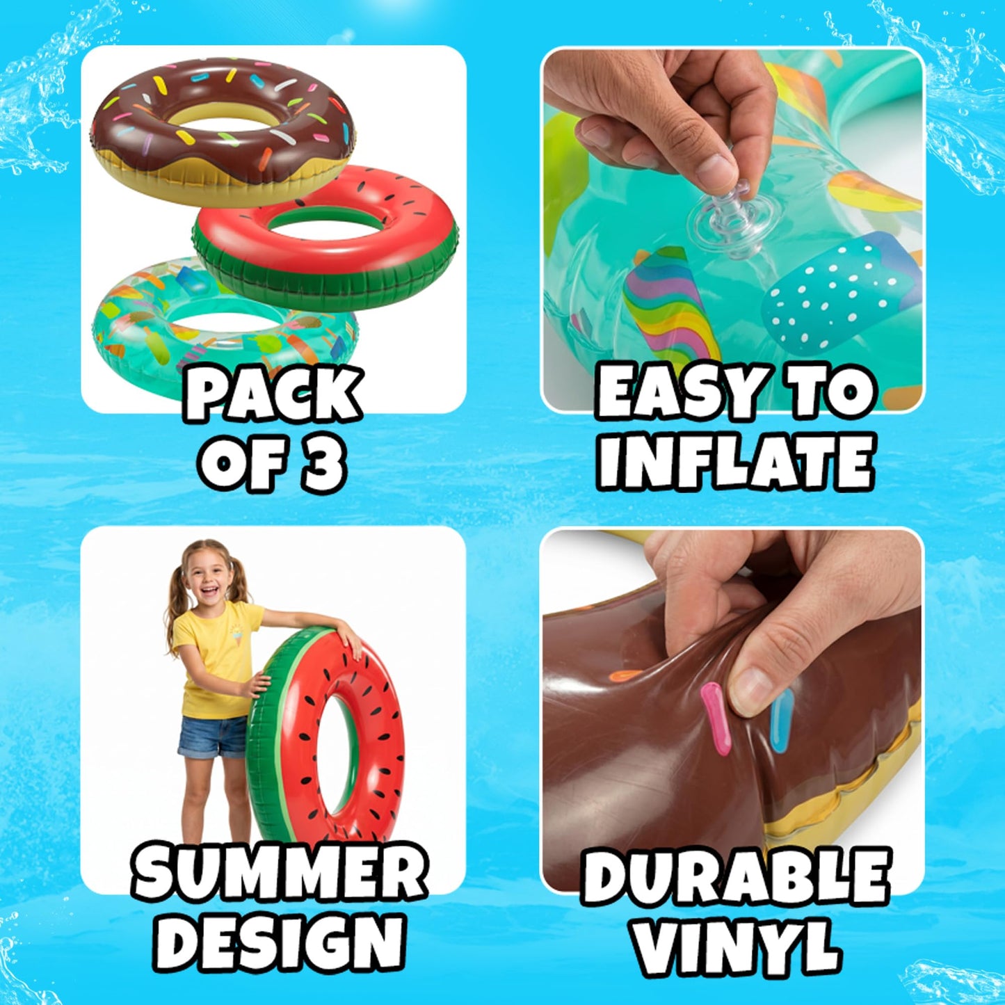 Kids Inflatable Pool Floats (3-Pack) Swim Rings for Pool & Beach Fun