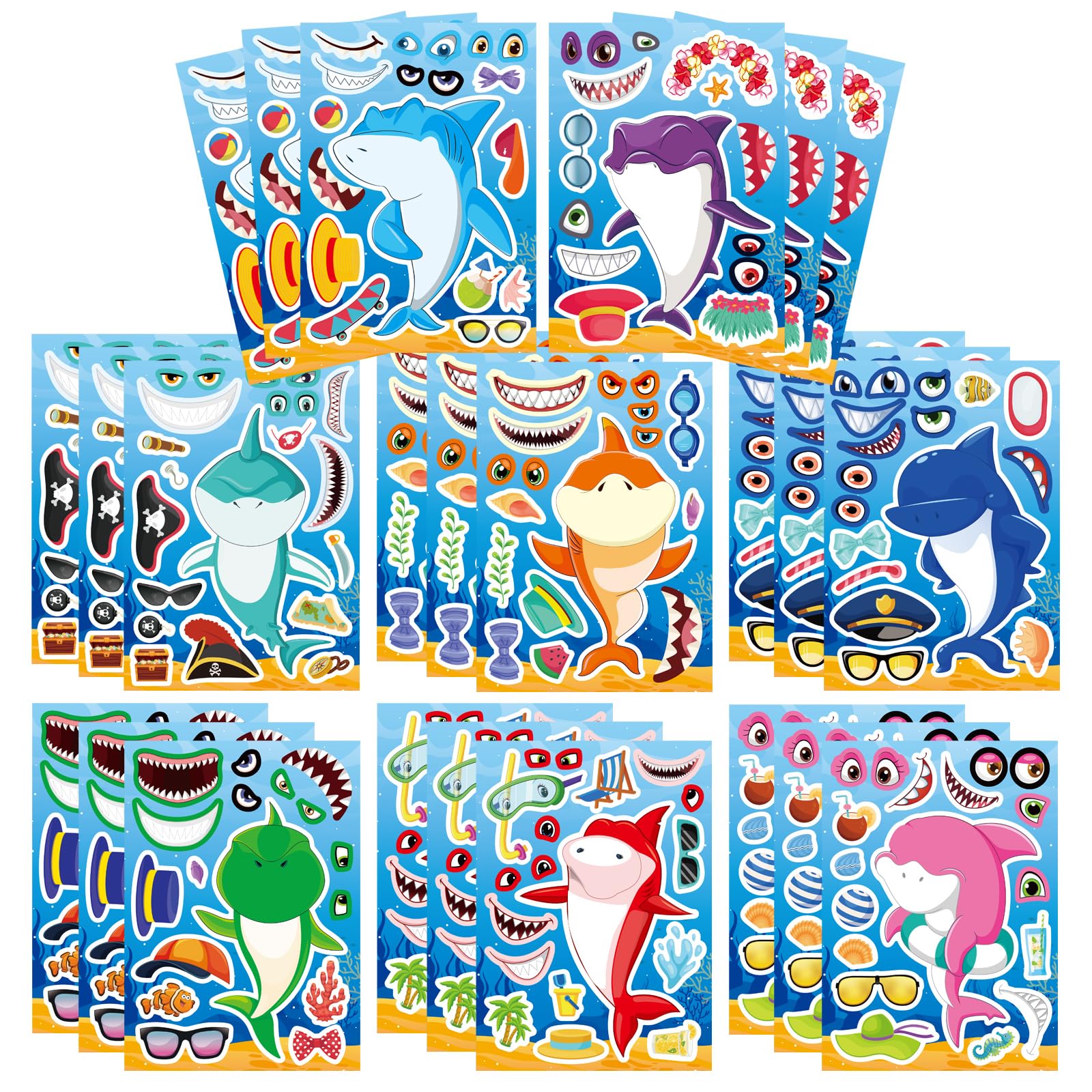 24 Sheets Make a Shark Face Stickers, Make Your Own Shark Stickers for Kids, Sea Ocean Animals Birthday Party Favors Activities, Summer Craft