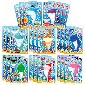 24 Sheets Make a Shark Face Stickers, Make Your Own Shark Stickers for Kids, Sea Ocean Animals Birthday Party Favors Activities, Summer Craft