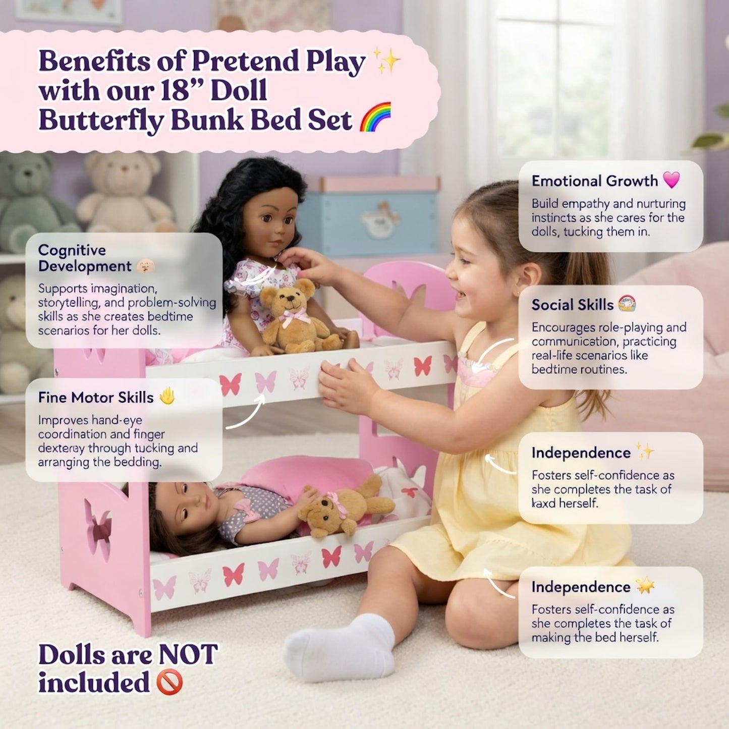 Emily Rose 18” Doll Double Bunk Bed w/Reversible Bedding - Pink Butterfly