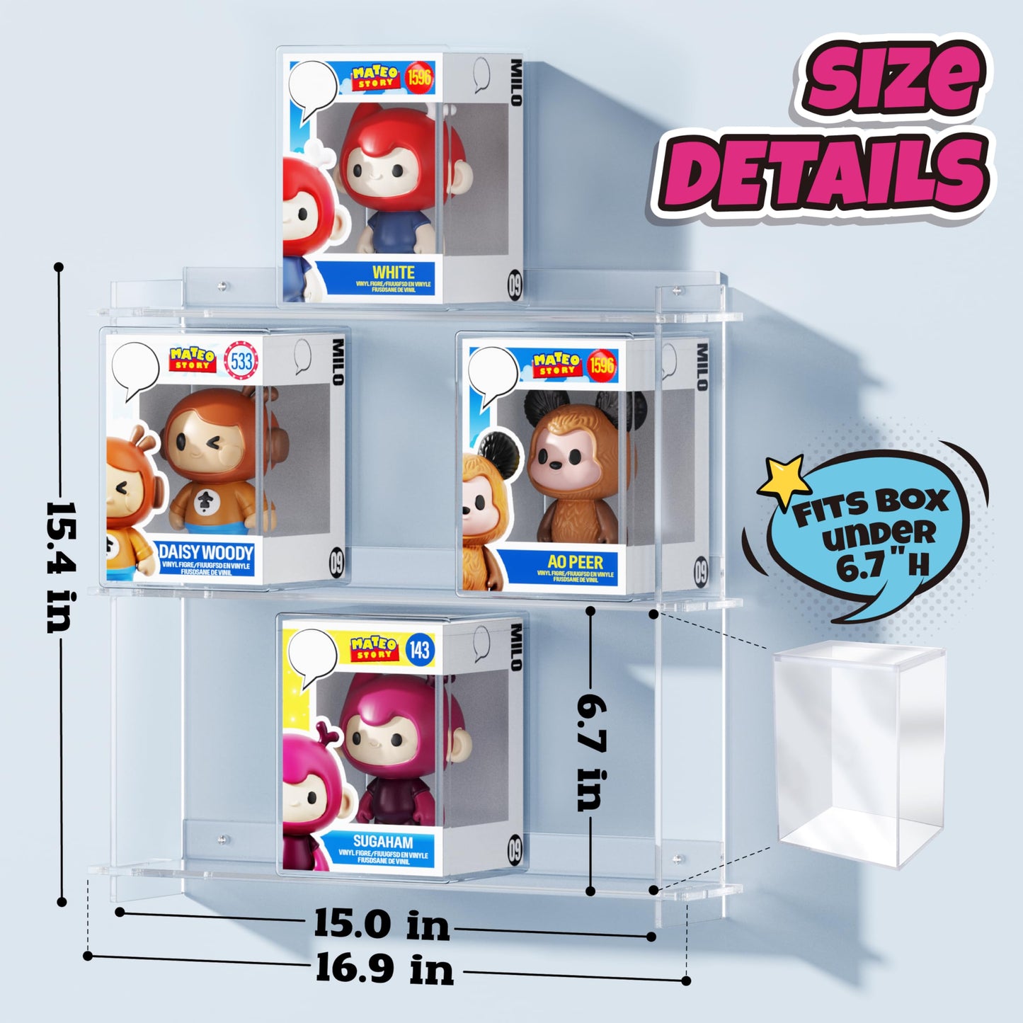 Wall Floating Display Shelves Compatible with 21 Funko Pops in Box, Acrylic Boxed Figurine Display Case, Stackable Action Figure Collection Stand