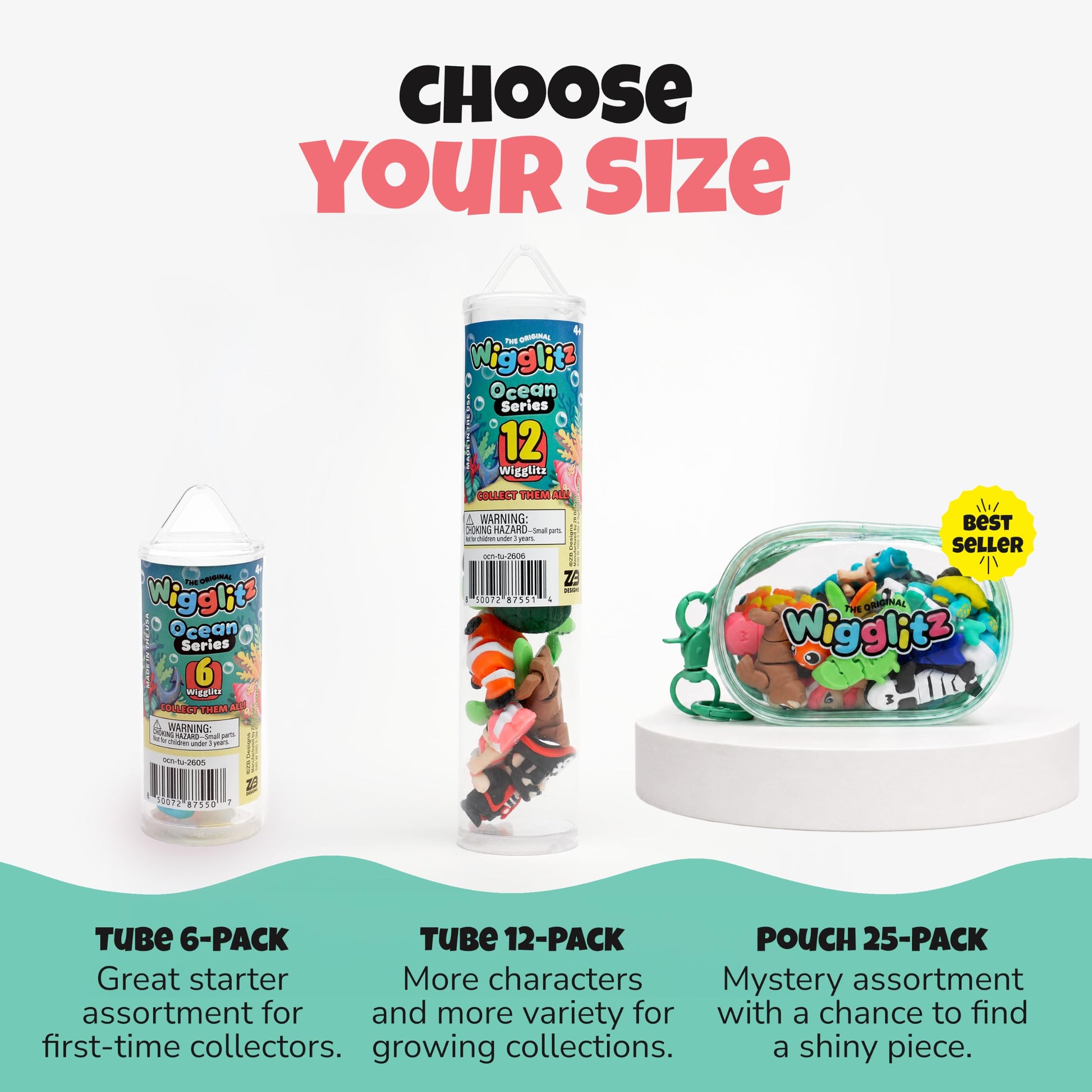 Wigglitz Ocean Theme 25 Pack with Storage Pouch - 25 Collectible Wiggly Fidget Toys - Award-Winning, Plant-Based, Made in USA - Ocean Characters for