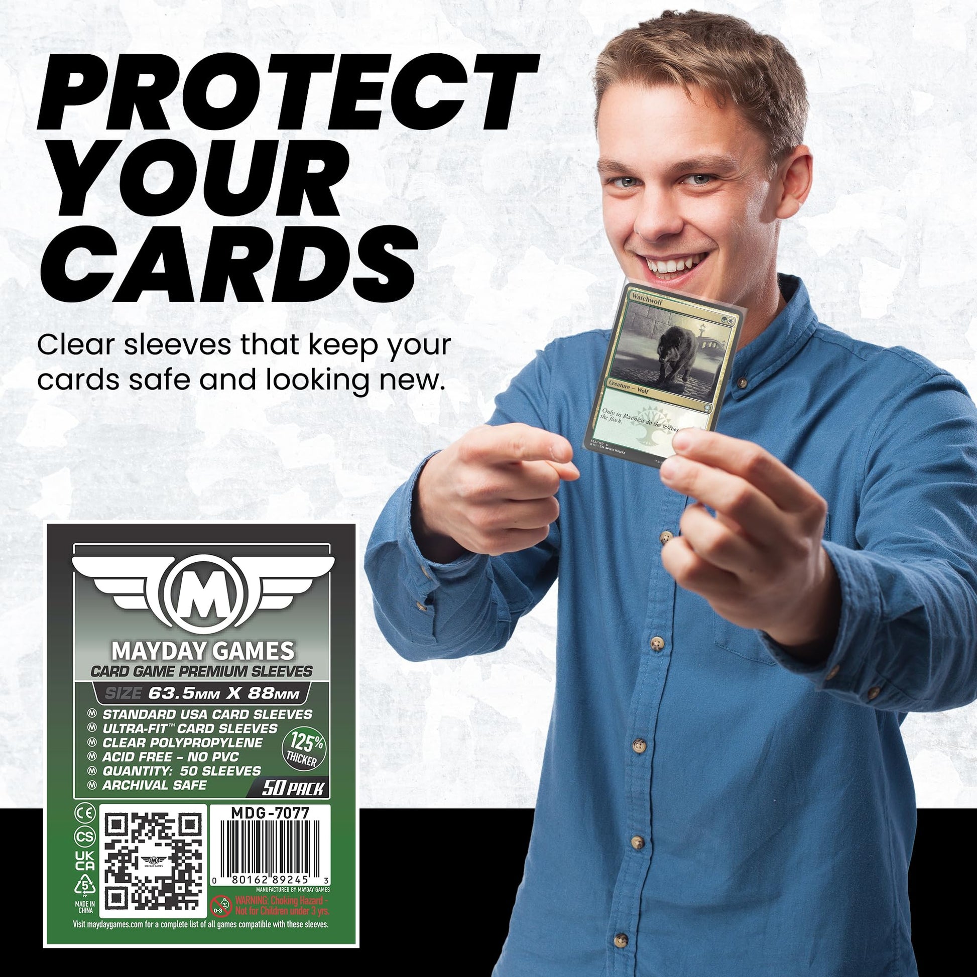 MayDay Games 63.5x88mm Card Sleeves Premium Bundle (4x50 Pack, 200 Sleeves) - 90 Micron Clear Polypropylene, Acid-Free & PVC-Free, Board Game Card