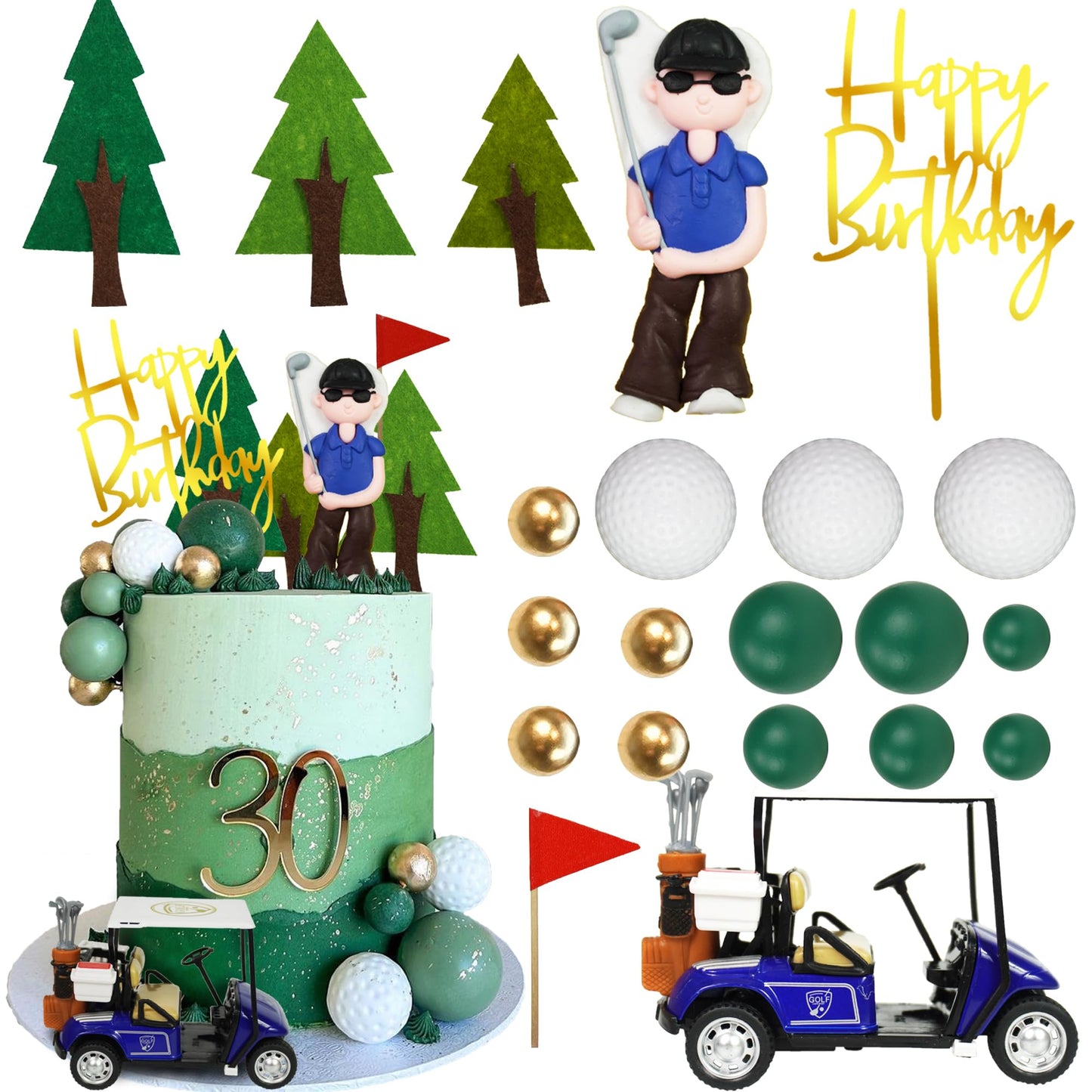 Golf Cake Toppers Golf Carts Clay Golf Figurine Cake Decorations with Green Gold Balls Red Flag Trees for Golf Sport Theme Birthday Supplies (01)