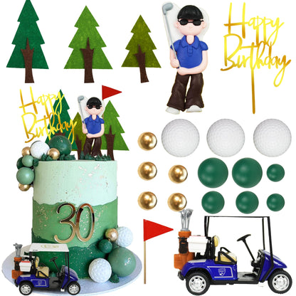Golf Cake Toppers Golf Carts Clay Golf Figurine Cake Decorations with Green Gold Balls Red Flag Trees for Golf Sport Theme Birthday Supplies (01)
