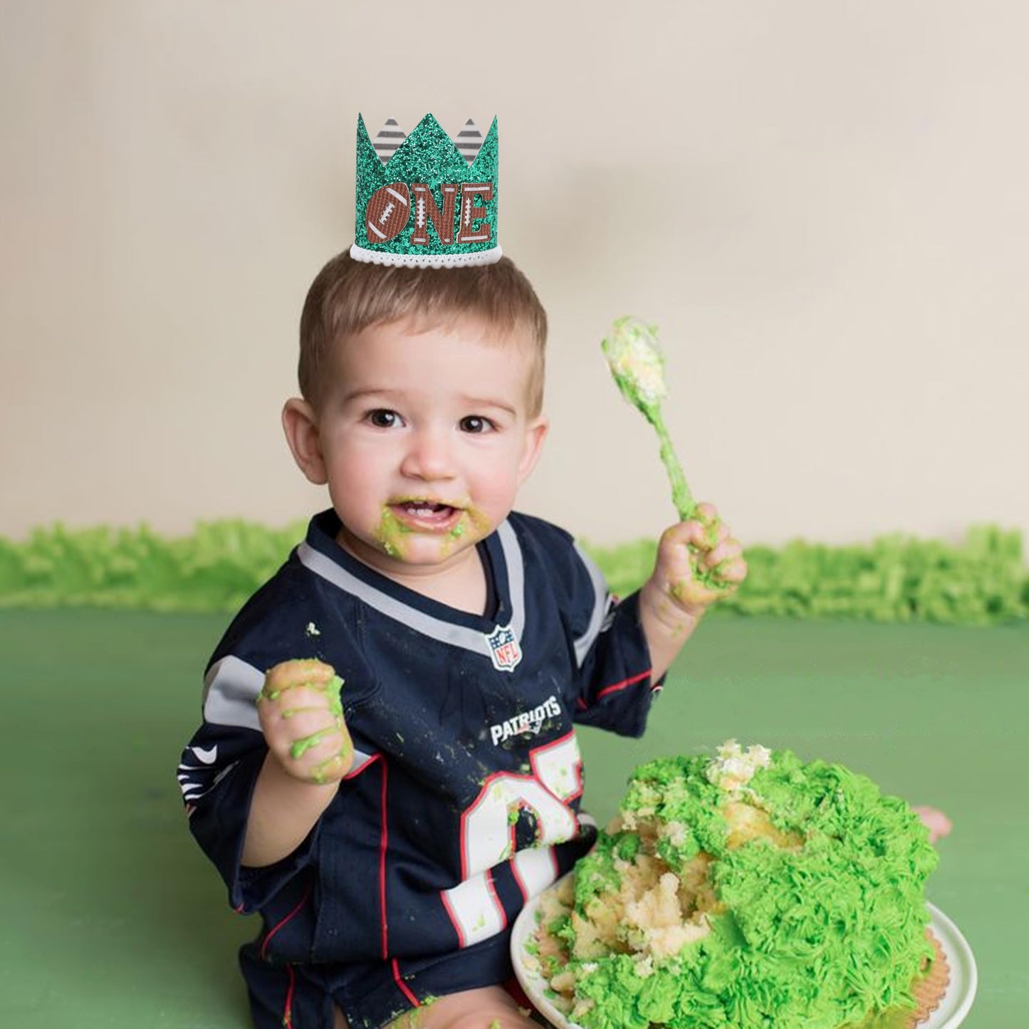 DSAANE Football Theme 1st Birthday Hat for Boys Girls, Sports Party Crown, Baby Shower Decorations, Cake Smash Photo Props, First Year Down