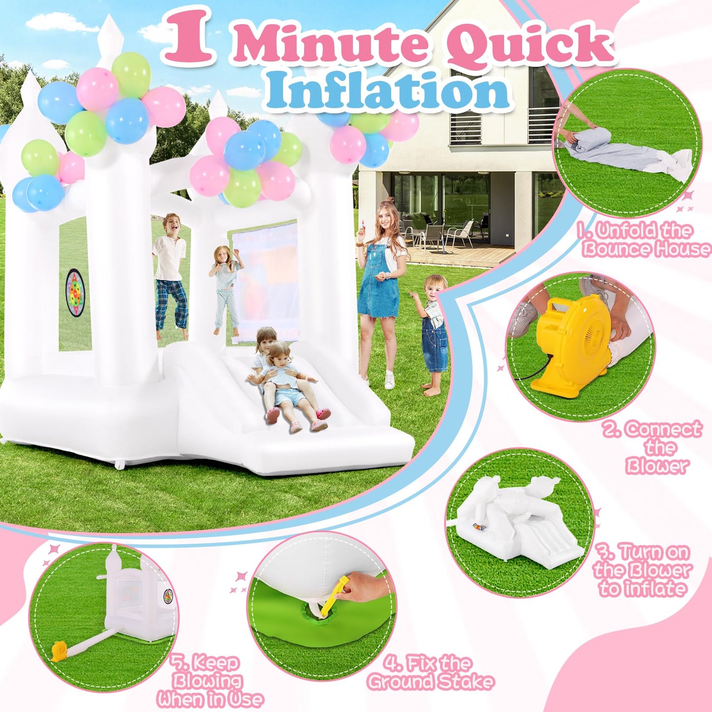 White Bounce House for Kids 3-6 with Slide Blower & Balloon & Water Doodle Mat, Indoor Inflatable Bouncy Castle for Toddlers 1-3, Mini Jump Play House