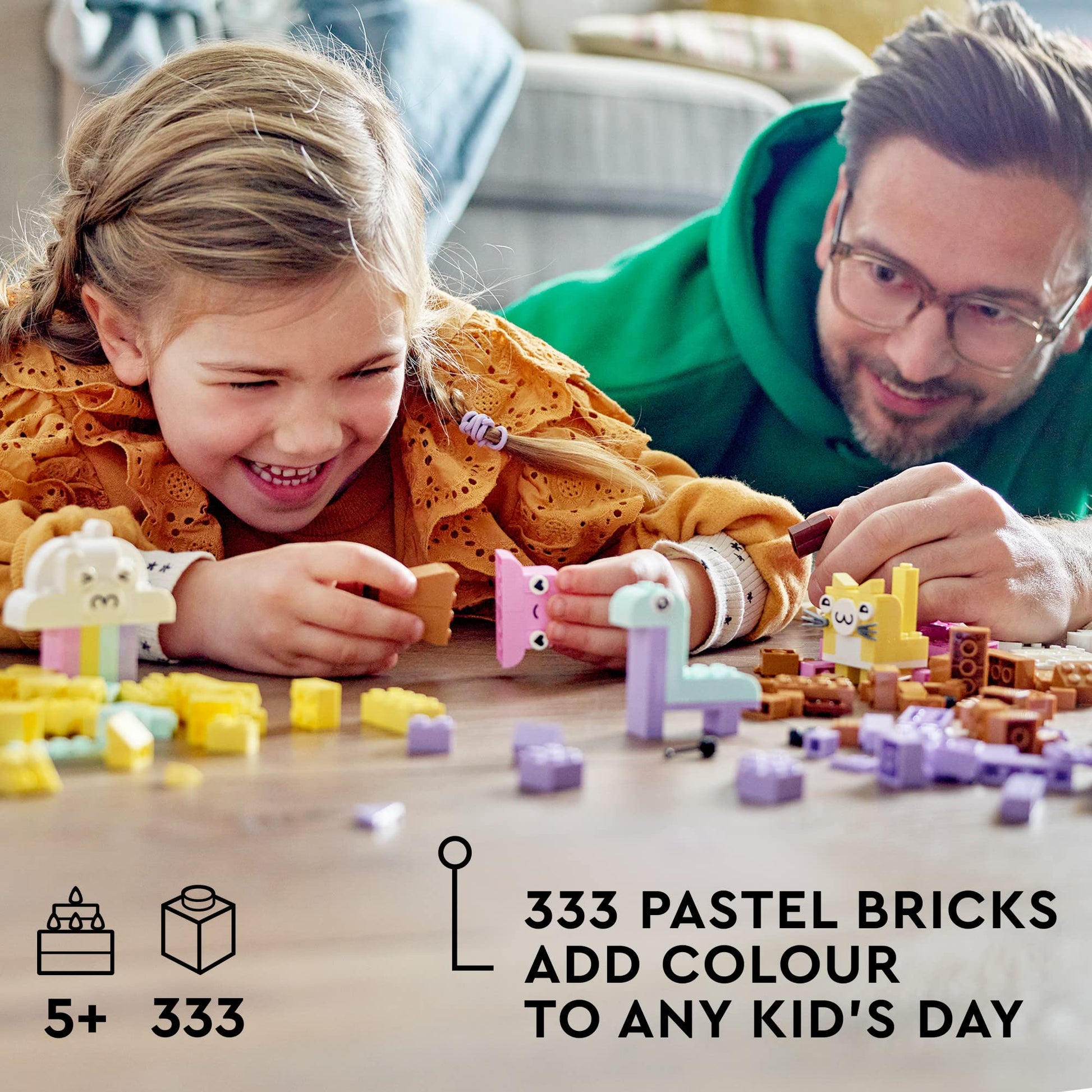 LEGO Classic Creative Pastel Fun Bricks Box 11028, Building Toys for Kids, Girls, Boys Ages 5 Plus with Models; Ice Cream, Dinosaur, Cat & More,