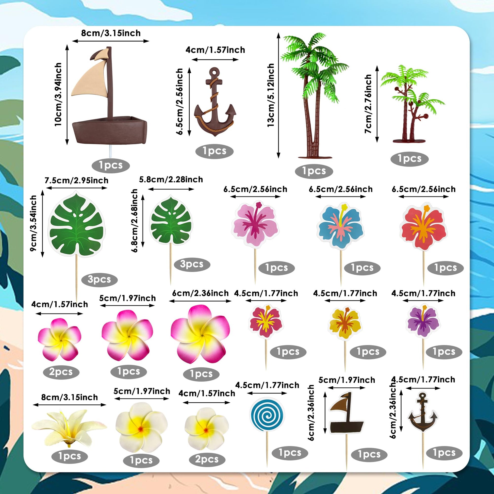 27PCS Coconut Tree Boat Hook Flower Cake Top Flower Cake Decoration Boat Birthday Party Decoration Supplies