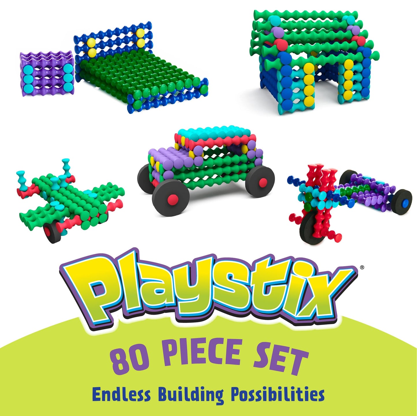 POPULAR PLAYTHINGS Playstix, Building Sticks Kit for Kids, Construction Stem Building Toy Gift for Boys & Girls - Starter Set 80 Piece