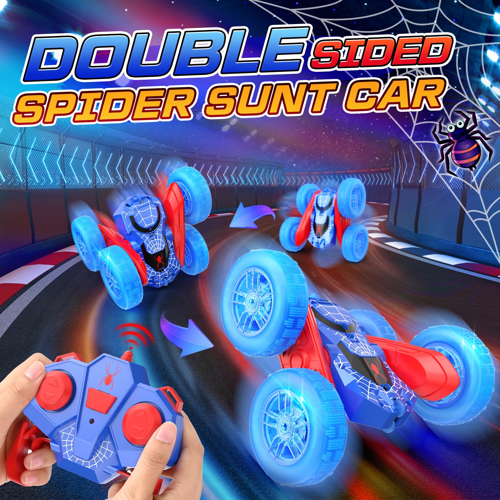 NQD Spider Remote Control Car- Double Sided 360°Rotate RC Stunt Car with Wheel Lights, 4WD Off-Road RC Cars 2.4Ghz Indoor/Outdoor Rechargeable Toy Car