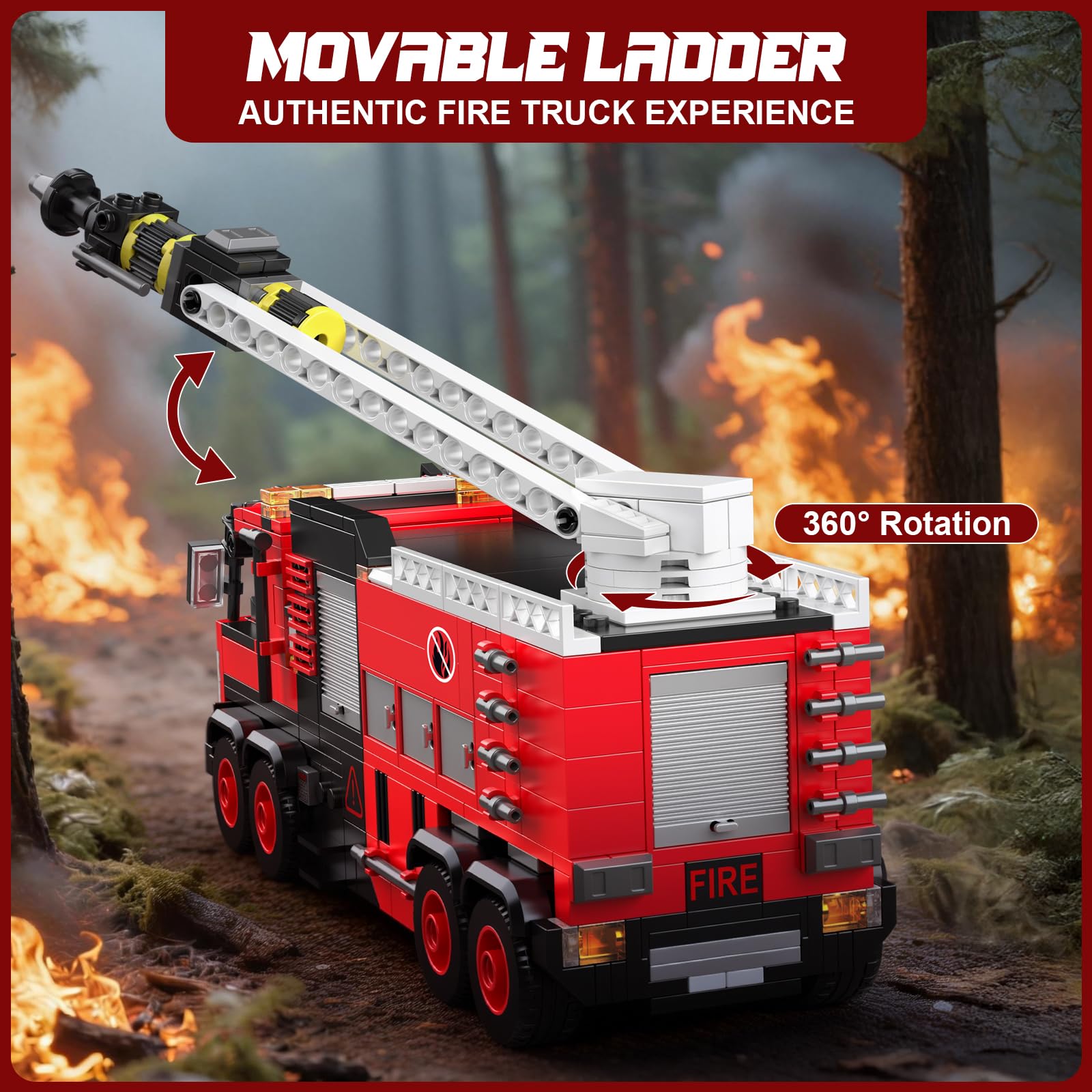 Mould King Ladder Fire Truck Building Set - 725+PCS STEM Toys for Kids & Adults, 24094 City Firetruck Building Bricks with Movable Ladder, Ideas