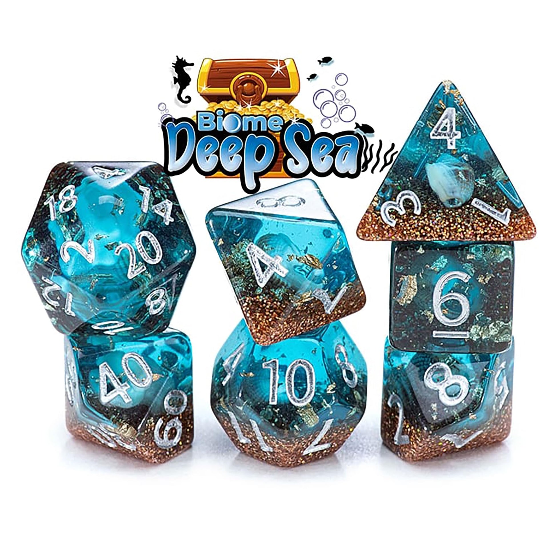 Gate Keeper Games and Dice: Inclusion Dice: Biome - Deep Sea - 7pc Set, Aquatic Blue, Sand & Conch Shell Inclusion, 7 Resin Dice for Role Playing