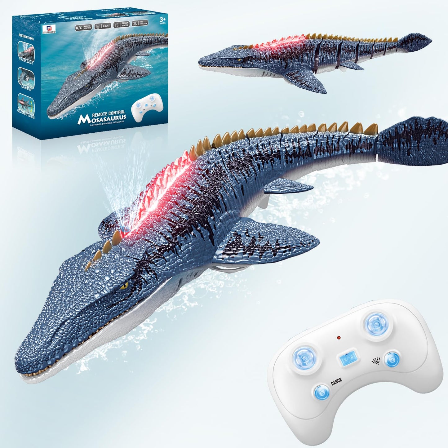 MAMABOO Remote Control Mosasaurus Dinosaur Toys for Boys Kids Swimming Pool High Simulation Toys, Electric RC Sea Monster with Light & Spray Water