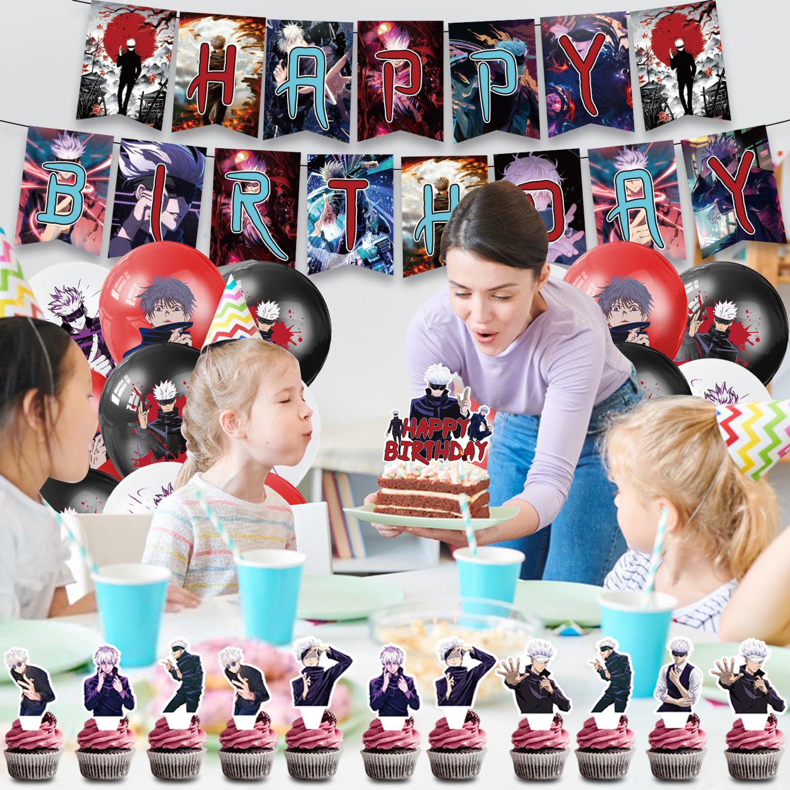 Anime Birthday Party Decoration, Include Satoru Happy Birthday Banner, Cake Topper, Latex Balloons, for Jujutsu Fans Party Supplies