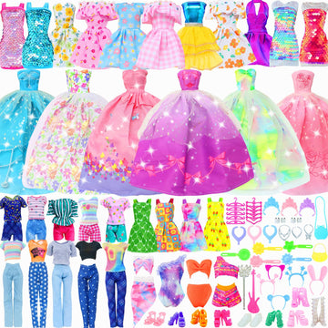 BJDBUS 50 Pcs Doll Clothes and Accessories, 2 Wedding Gowns 4 Fashion Dresses 2 Tops 2 Pants Outfits 2 Swimsuits Bikini 10 Shoes 10 Hangers 17
