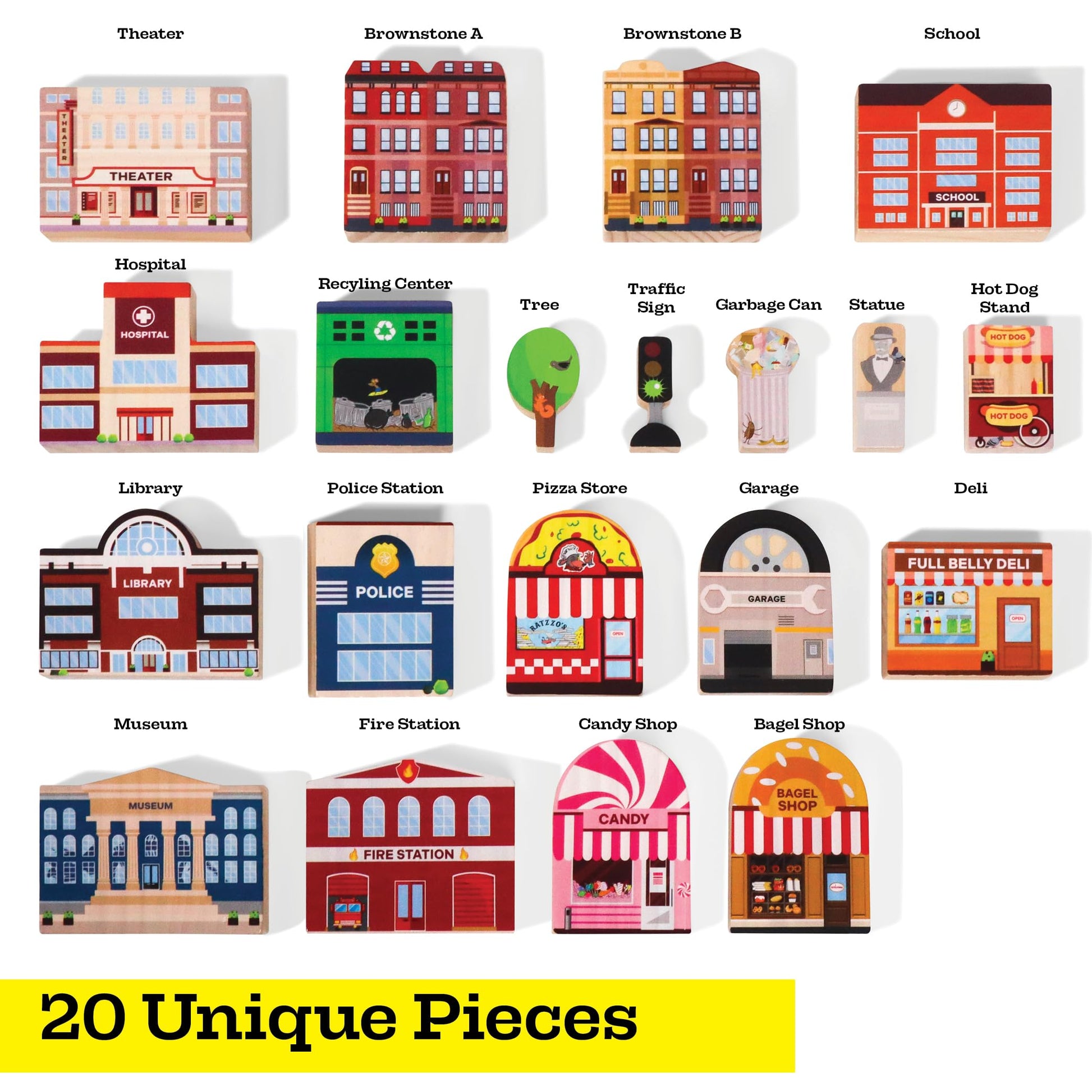 20 Pc Wooden City Play Set - Wooden Town Buildings and Street Signs for Play Mats, Toy Cars and Trains - Educational Preschool Track Accessories