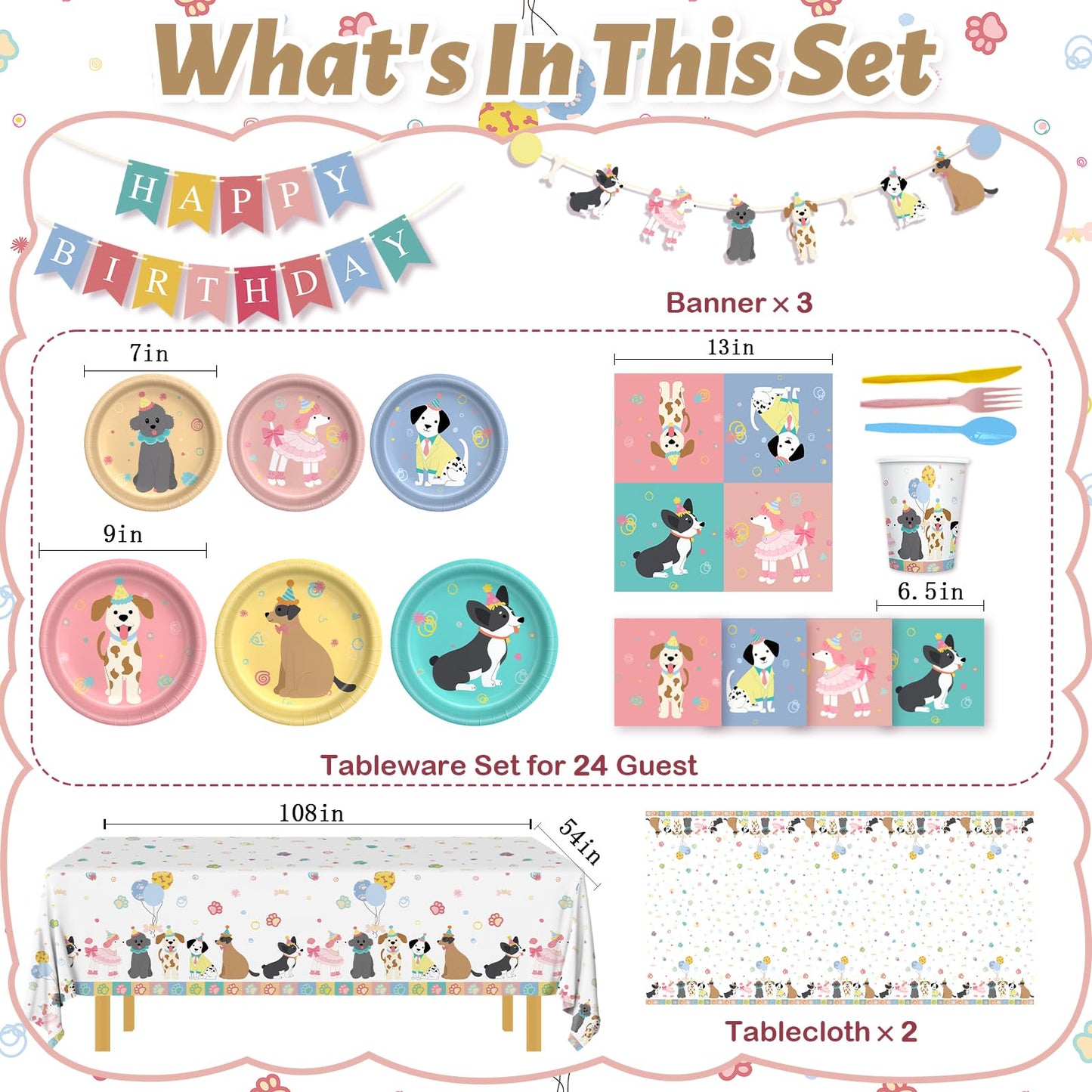 Dog Birthday Party Decorations, Fanvoes Dog Theme Decor Set Happy Birthday Banner Plates and Napkins Party Supplies Puppy Tablecloth Paw Balloons