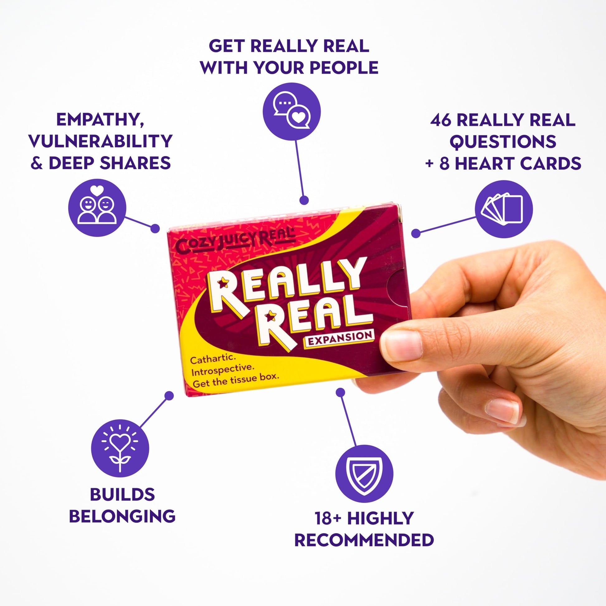 Cozy Juicy Real Game REALLY REAL EDITION - 54 Deeper Conversation Cards for Adult Friends & Couples, Dare to Ask Questions Tell Tales & Go Deep, Get