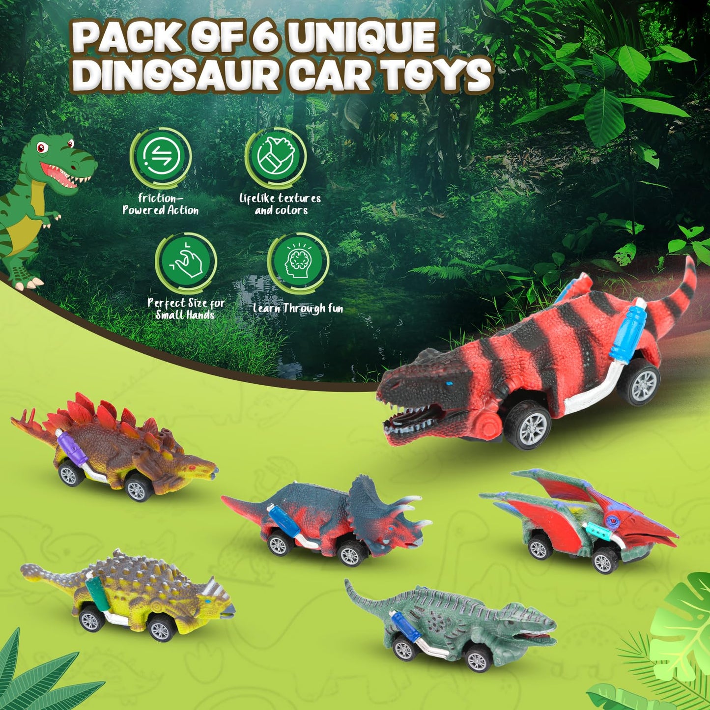 EASYFUN Dinosaur Toys for Kids 3-5 Pull Back Toy Cars 6 Pack Dino Toys for 3 4 5 and Up Boys Girls Dinosaur Games with T-Rex Dinosaur Toy Cars Gift