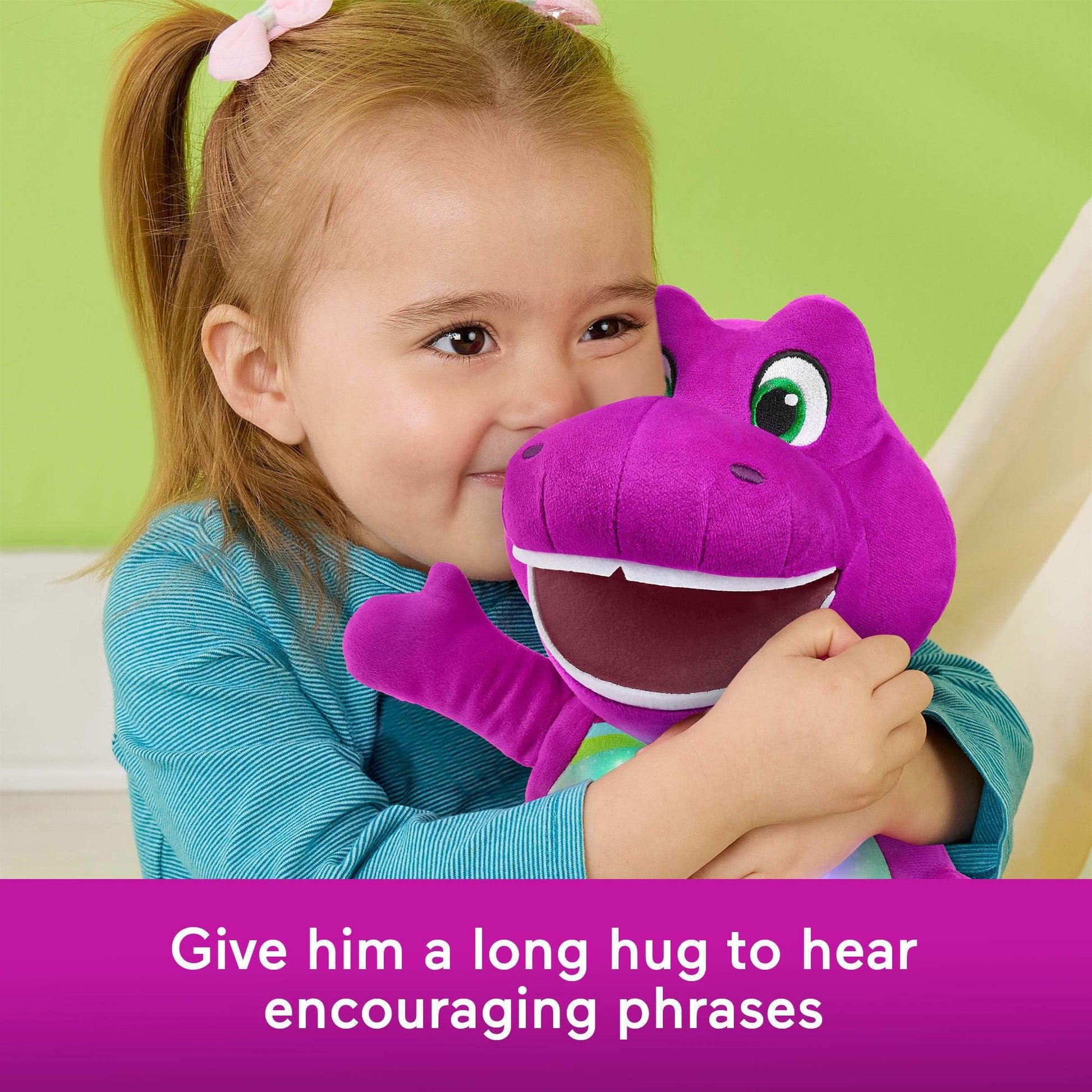 Fisher-Price Barney’s World Toddler Toy Heart Glow Barney Plush with Music & Lights for Pretend Play Preschool Kids Ages 2+ Years