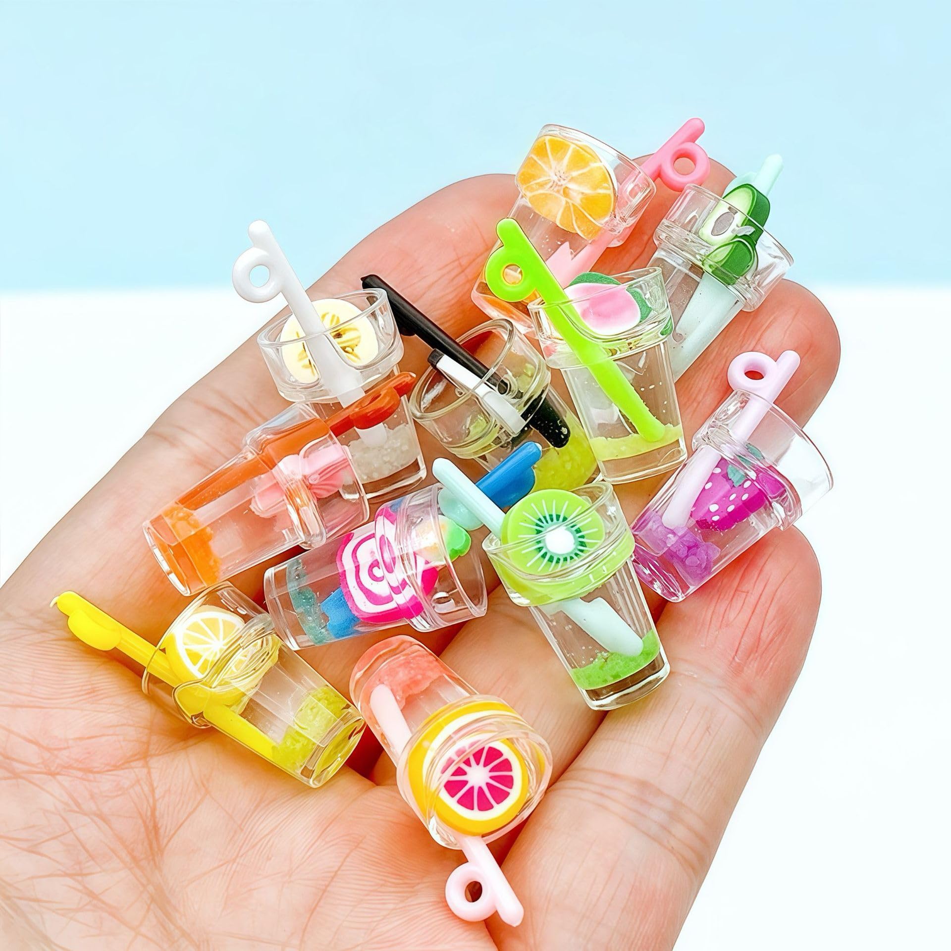 11 Pcs Miniature Dollhouse Drinks Set - Resin Glass Cup and Fruit Beverage Bottles, Simulated Drink Models for Summer Leisure-Themed Decor Decor, 1.07