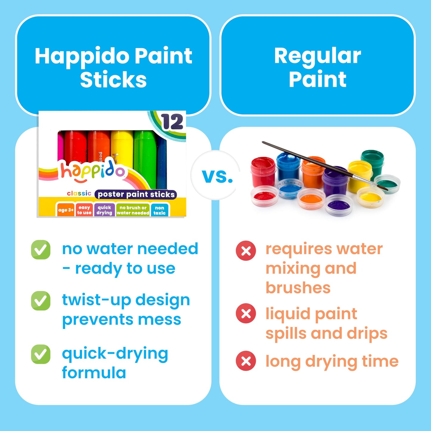 Happido Set of 12 Twistable Tempera Paint Sticks For Kids, Quick Drying, No Mess Art Supplies for Toddlers and Kids Ages 4-6 - METALLIC COLORS