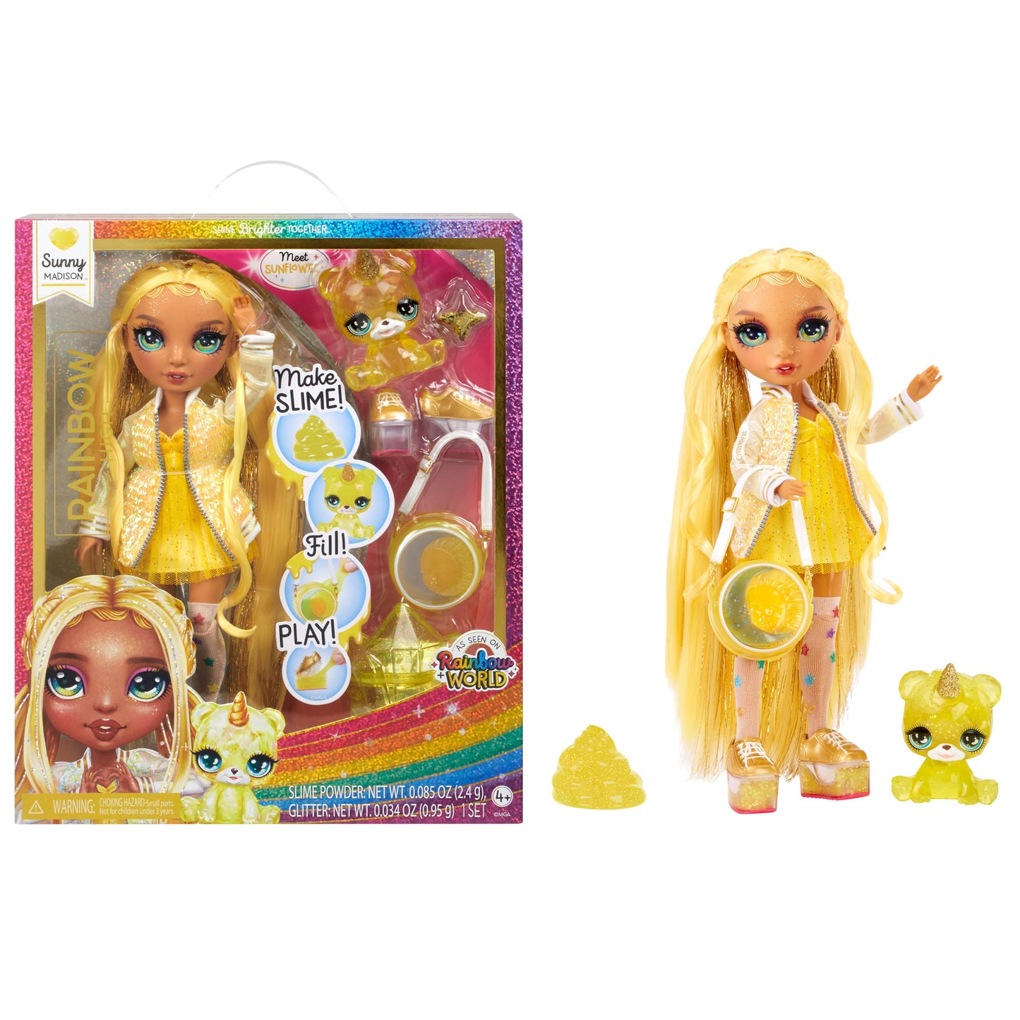 Rainbow High Sunny, Yellow with Slime Kit & Pet, Blonde 11" Shimmer Posable Fashion Doll with DIY Sparkle Slime, Magical Yeti Pet, Fun Play