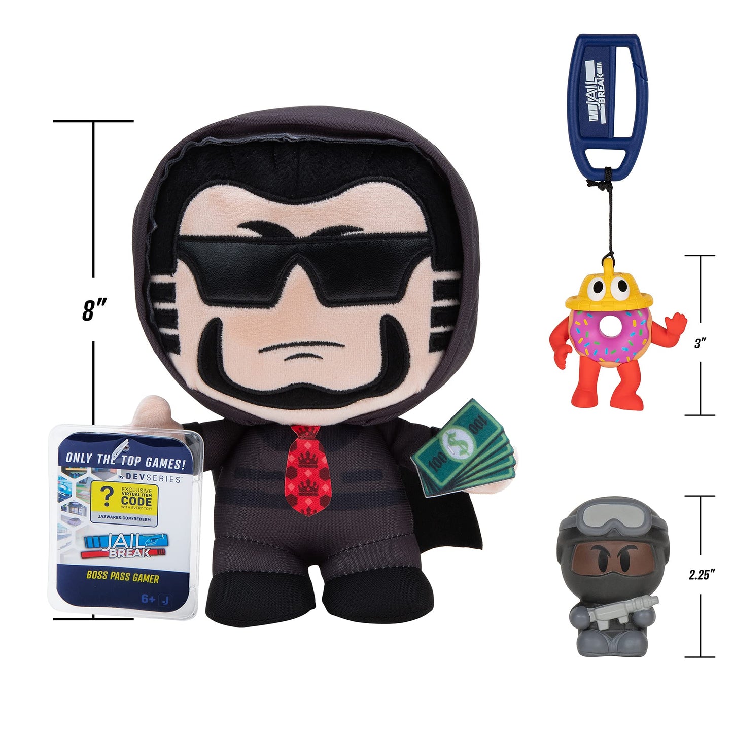 DevSeries Jailbreak Collector Bundle - Three Exclusive Virtual Item Codes with Boss Pass Gamer Plush, SWAT Pass Gamer Squooshems, and Mr. Donut Hanger