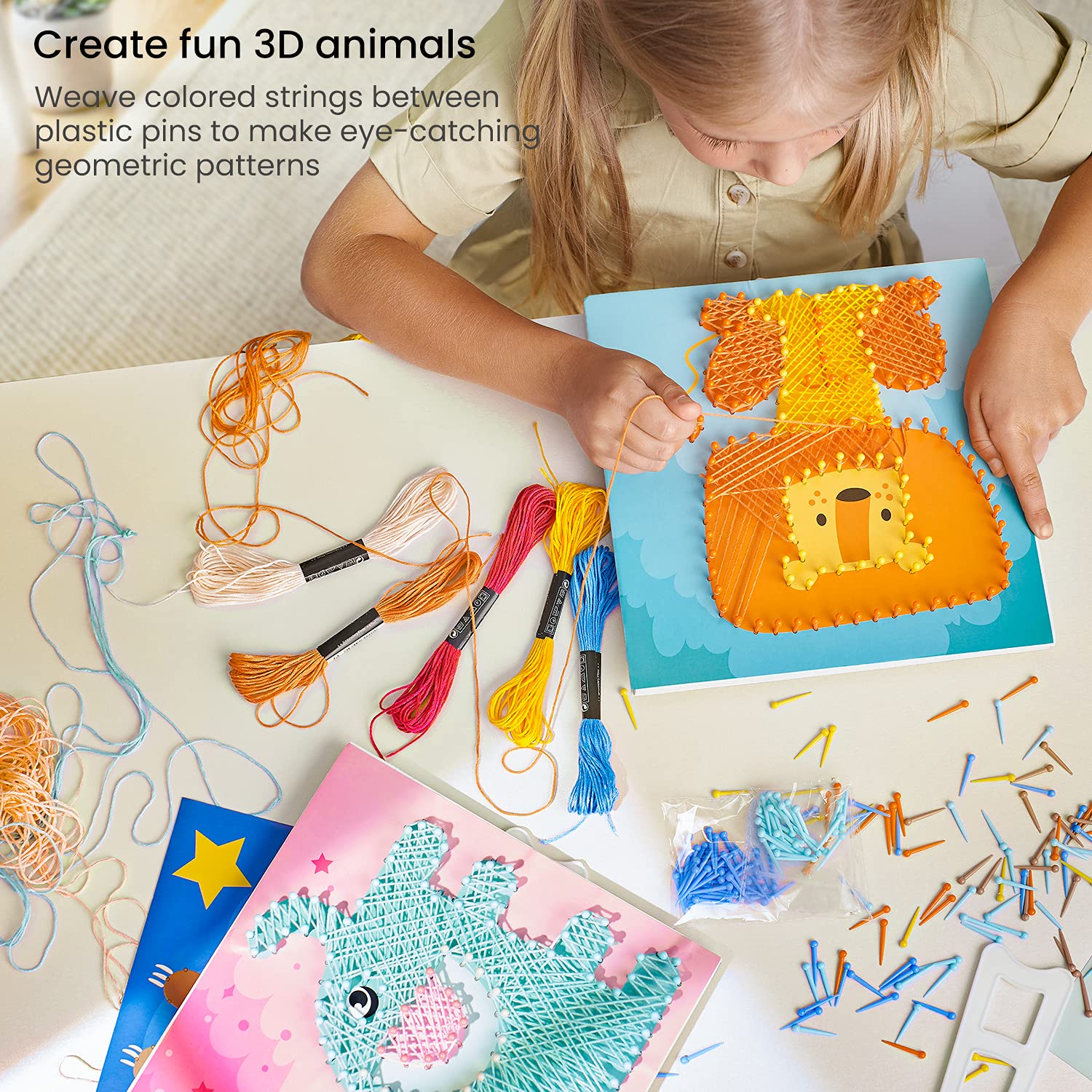 Arteza Kids String Art Kit - Set of 5 Animal Designs with Plastic Pushpins & Display Stands, DIY Craft Kit for Kids Art Projects and Activities