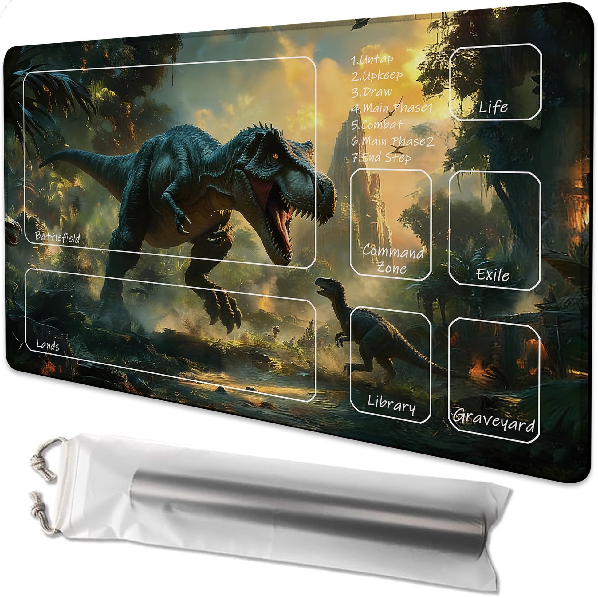 Playmat for MTG Dinosaur Magic Play Mat 24x14 Inch Card Game Mat for Magic The Gathering TCG PTCG Playmat with Free Storage Bags Non-Slip Backing