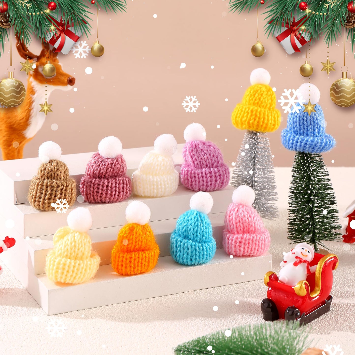 JITUIHOM 100pcs Mini Christmas Hat Set Mini Knitted Doll Hats Small Christmas Tree Decorations Santa Snowman Hats DIY Craft Toys Wine Bottle Ornaments