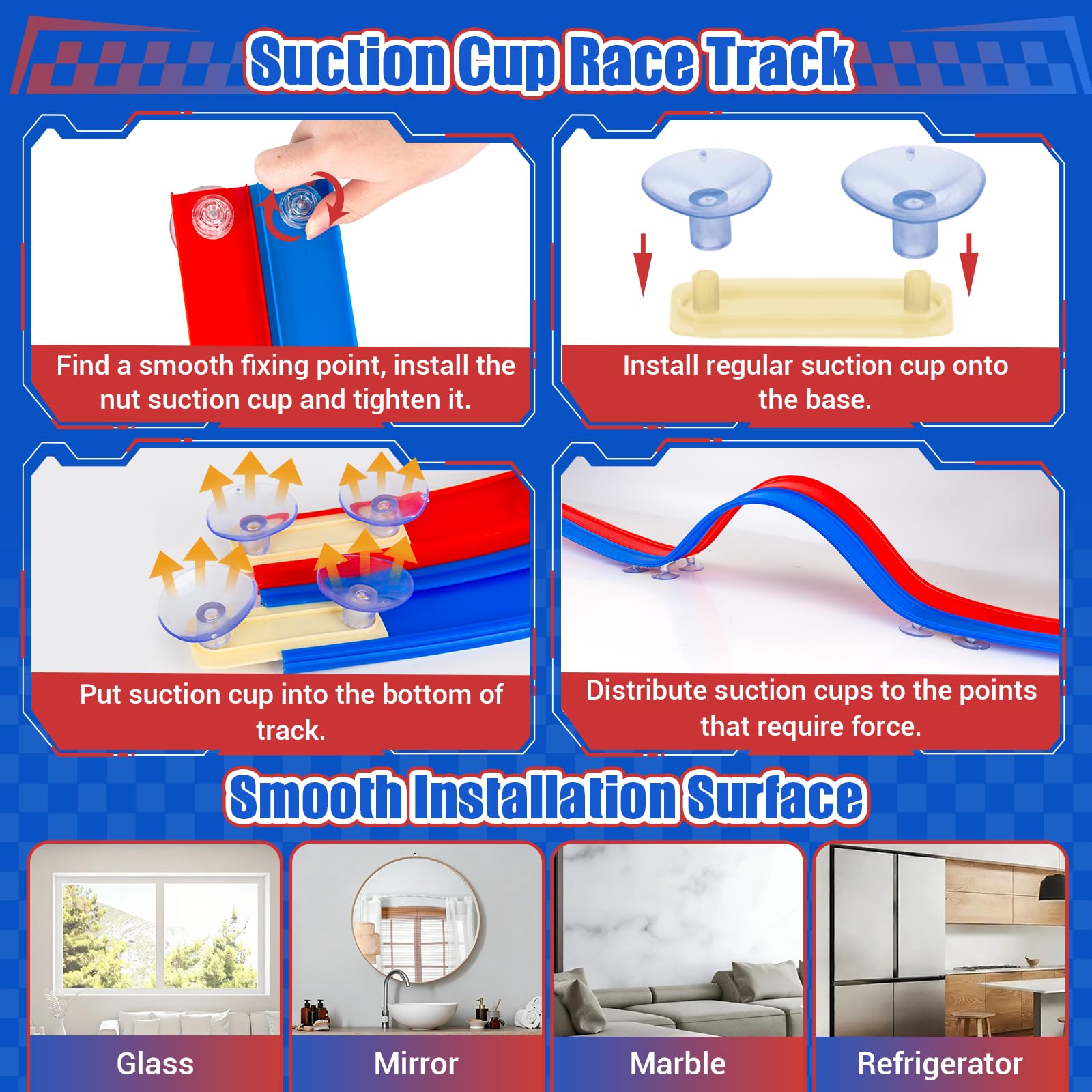 Flexible Race Track for Kids, 16.4FT Flexible Race Track with 2 Strong Screw Suction Cup & 4 Pull-Back Toy Cars, Portable DIY Flexible Racing Track