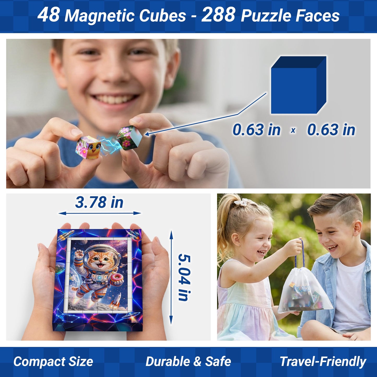 TOSY Picture Cube Adventure Cats: 6-in-1 Magnetic Picture Puzzle, 48 Blocks, 288 Puzzle Faces, 0.6 in, B122, Seamless UV Art, Display-Ready Frame