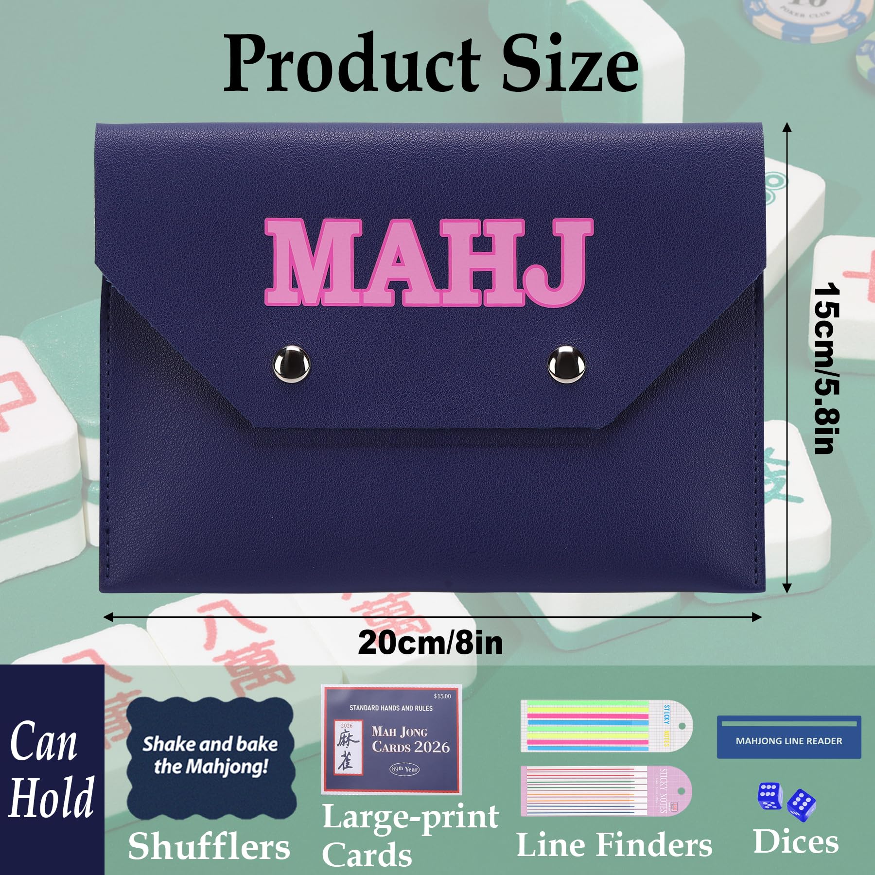 Xovnfp Vegan Leather Mahjong Card Holder - Pouch for Large Print Mahjong Cards & Accessories- Gift for mah Jong Lovers, 8"x5.8", Blue