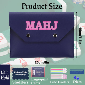 Xovnfp Vegan Leather Mahjong Card Holder - Pouch for Large Print Mahjong Cards & Accessories- Gift for mah Jong Lovers, 8"x5.8", Blue