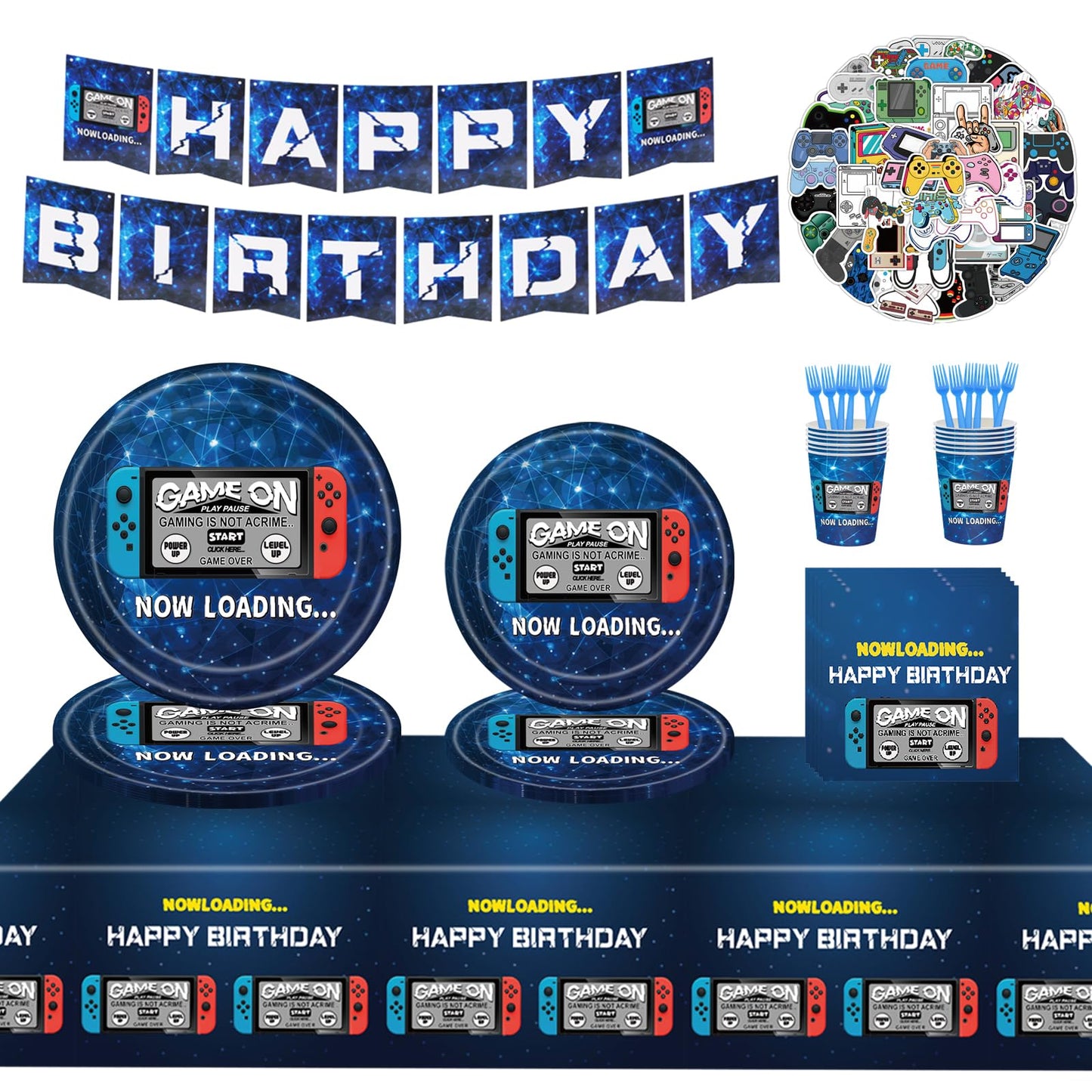 Video Game Party Supplies & Decorations Set for 24 Guests - Birthday Party Plates, Napkins, Cups, Forks, Tablecloth, Banner & Stickers - 123 Pcs